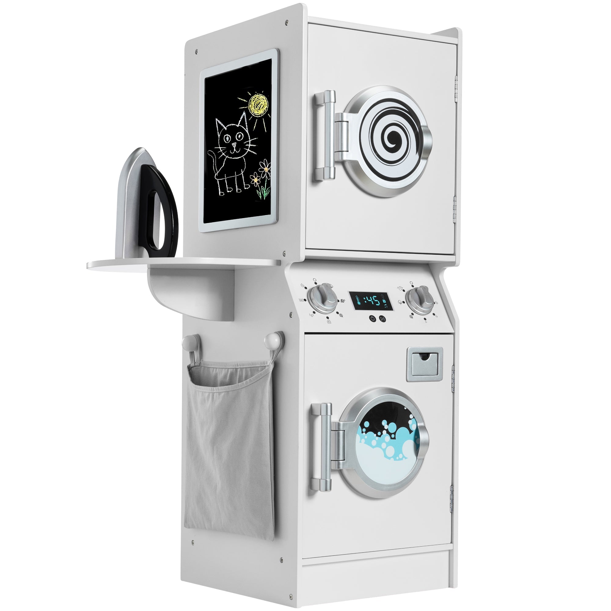 Pretend Play Kids Wooden Washer & Dryer Set w/ Laundry Accessories