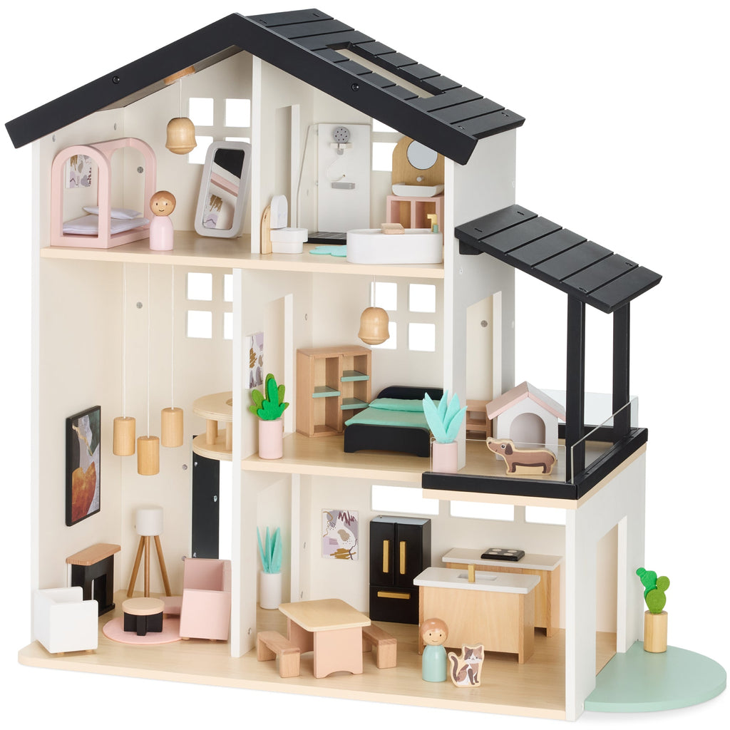 Pretend Play Wooden Doll House w/ 40 Accessories Modern Toy Playset