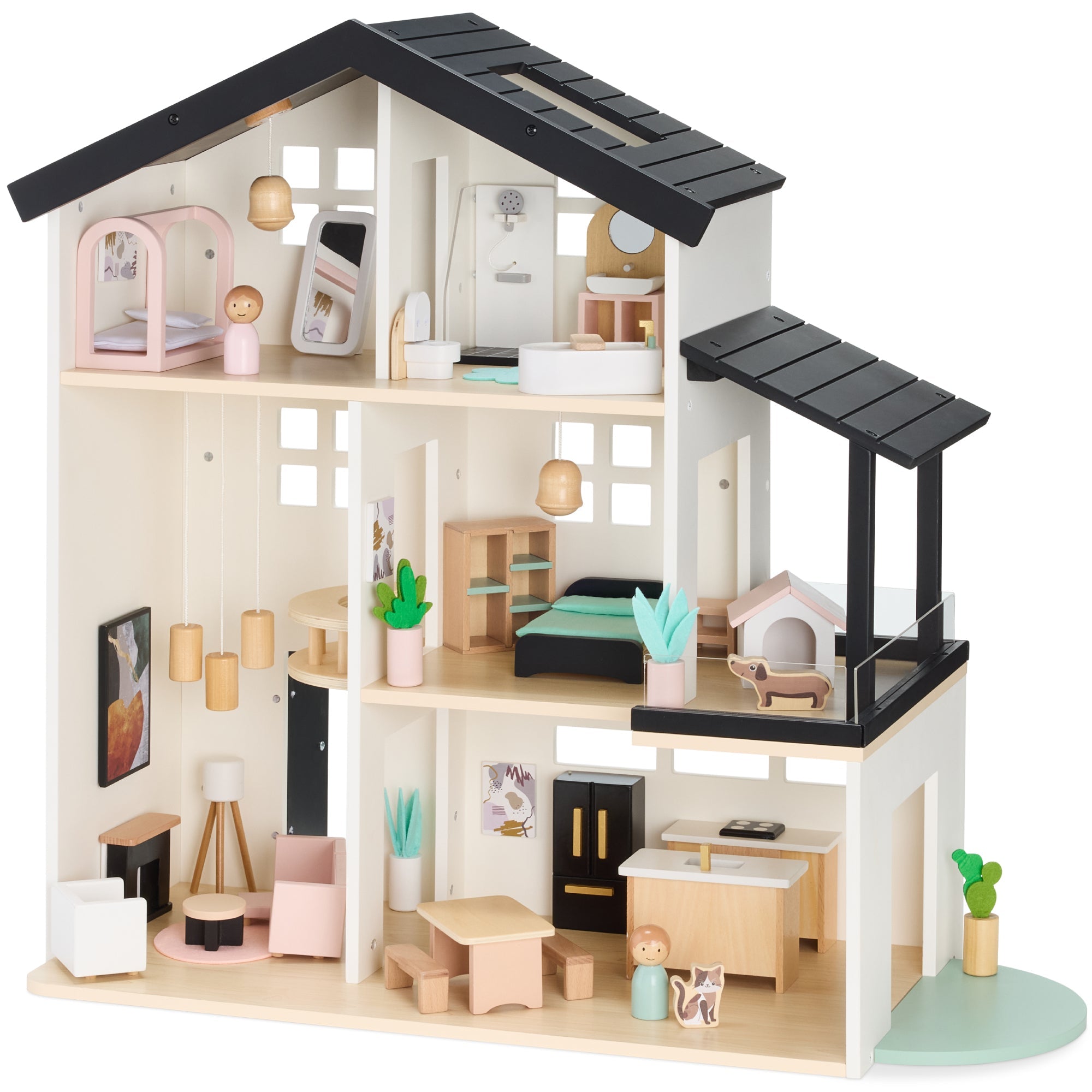 Pretend Play Wooden Doll House w/ 40 Accessories Modern Toy Playset