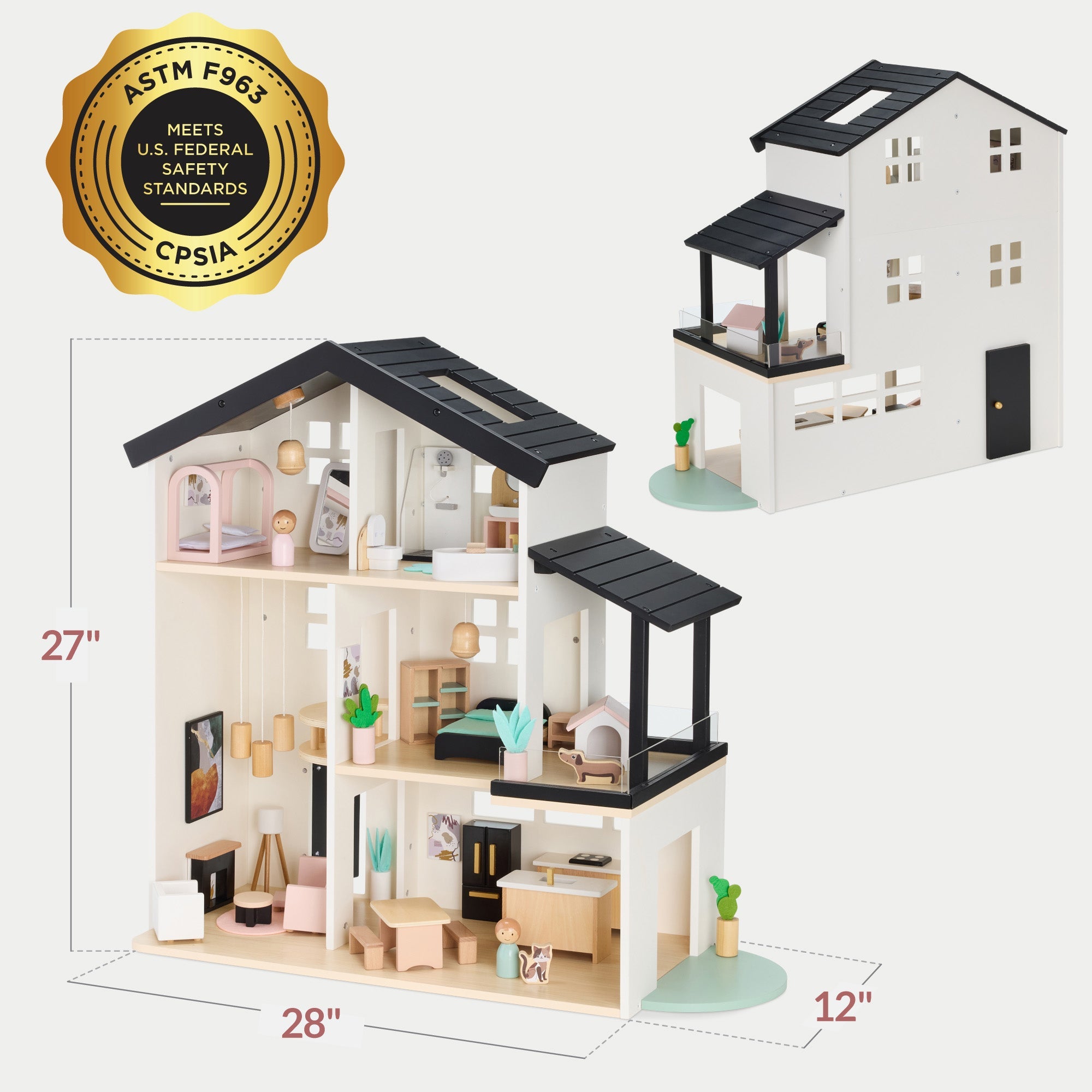 Pretend Play Wooden Doll House w/ 40 Accessories Modern Toy Playset