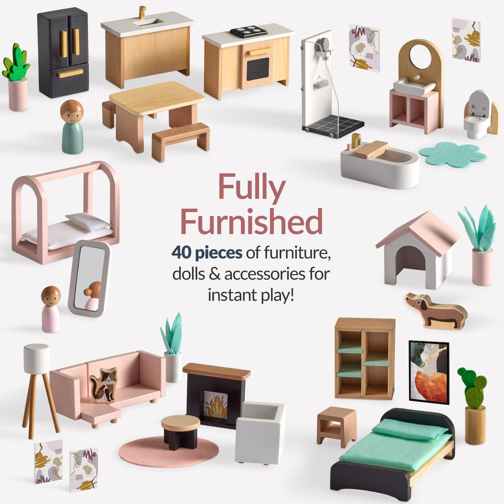 Pretend Play Wooden Doll House w/ 40 Accessories Modern Toy Playset