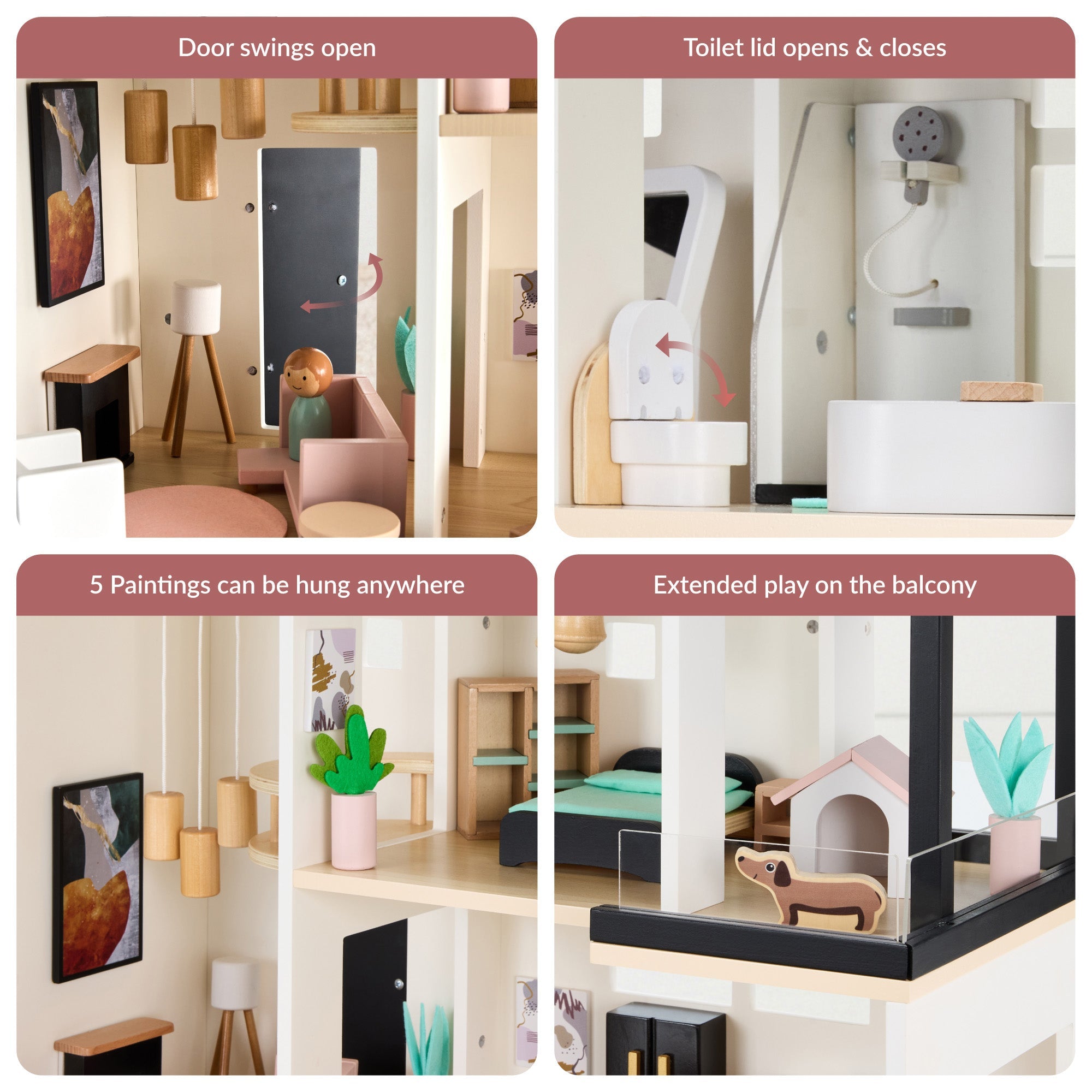 Pretend Play Wooden Doll House w/ 40 Accessories Modern Toy Playset
