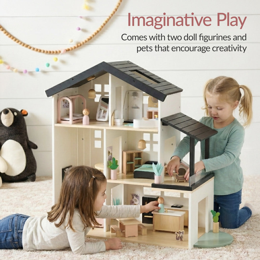 Pretend Play Wooden Doll House w/ 40 Accessories Modern Toy Playset