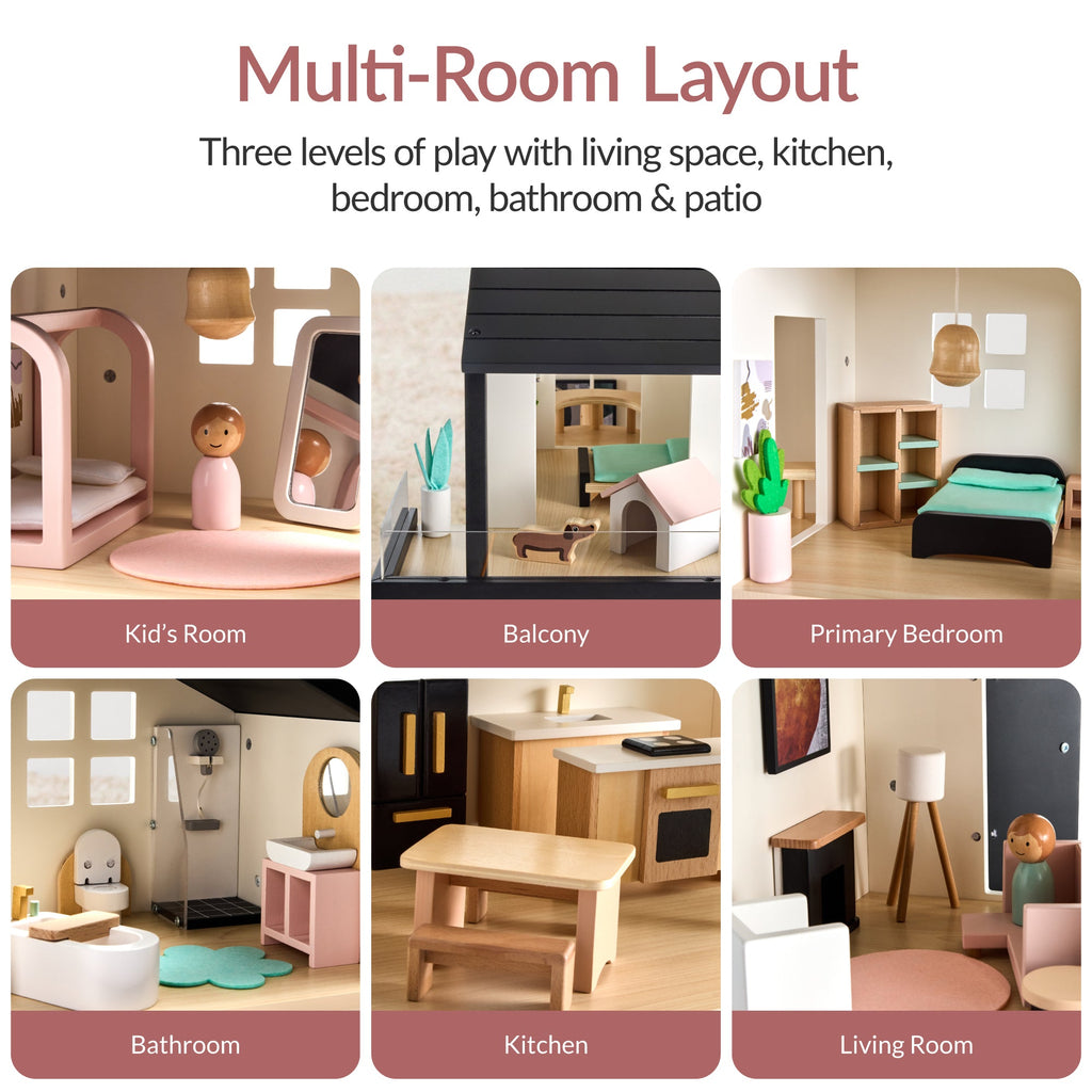 Pretend Play Wooden Doll House w/ 40 Accessories Modern Toy Playset