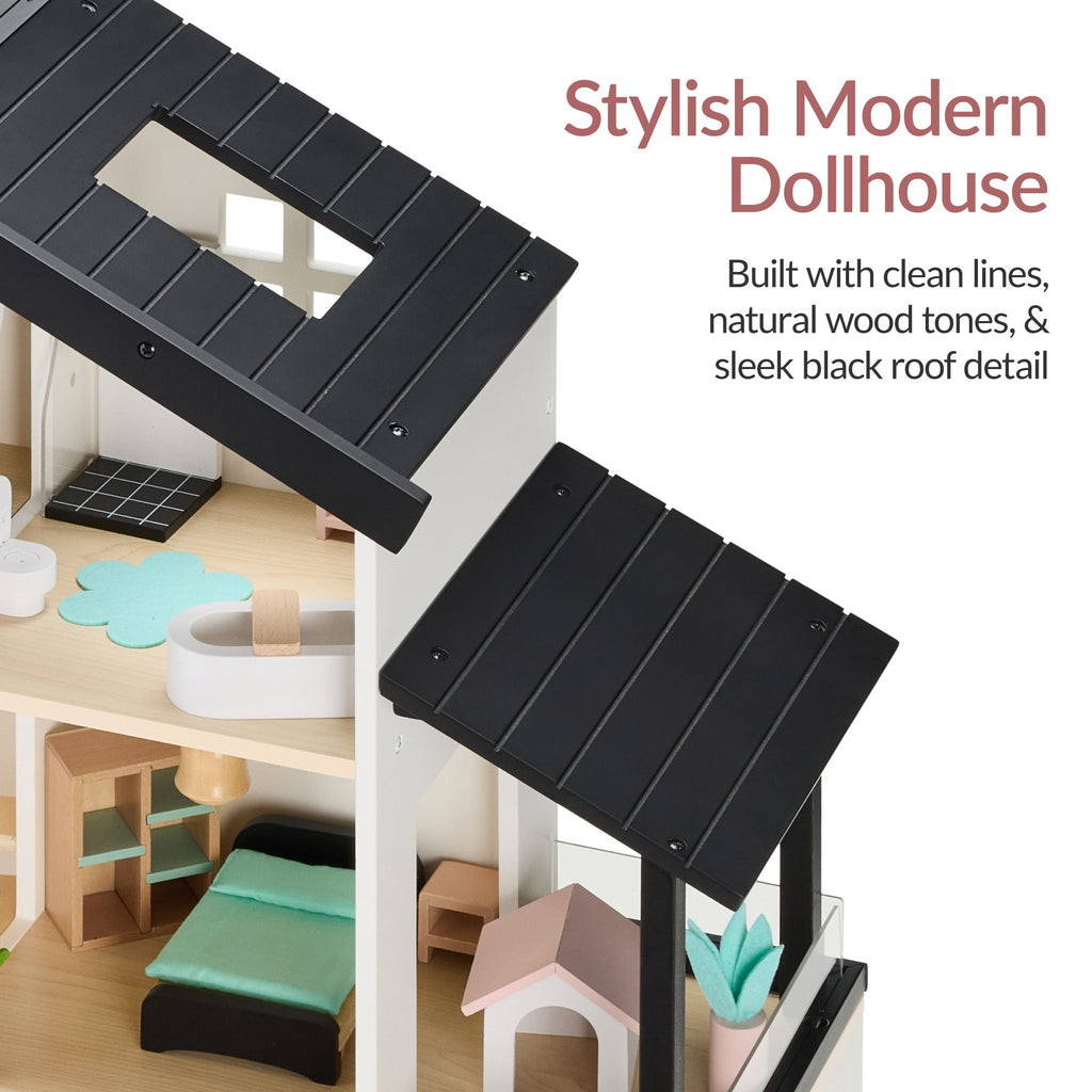 Pretend Play Wooden Doll House w/ 40 Accessories Modern Toy Playset