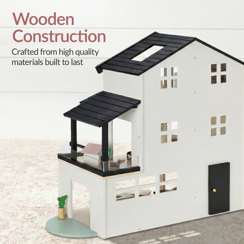 Pretend Play Wooden Doll House w/ 40 Accessories Modern Toy Playset