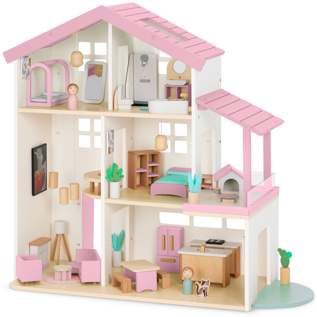 Pretend Play Wooden Doll House w/ 40 Accessories Modern Toy Playset