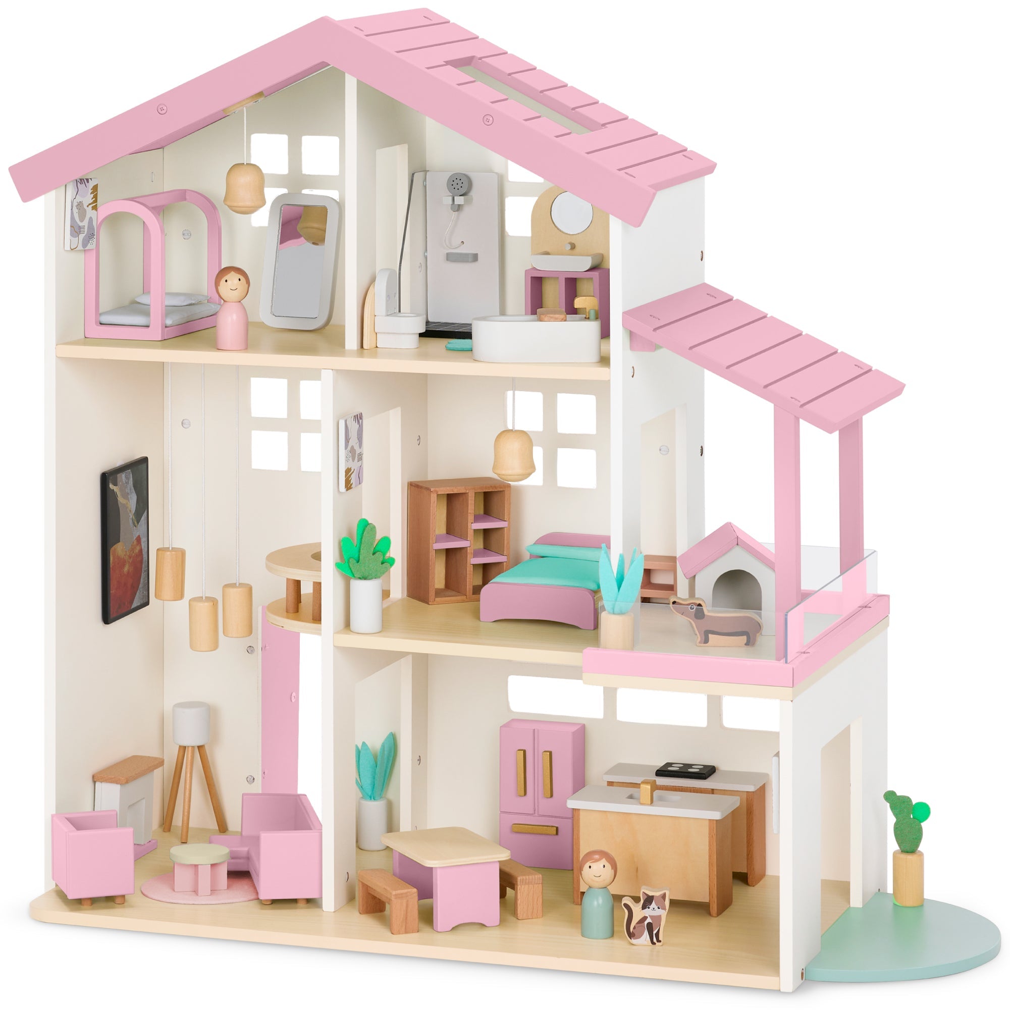 Pretend Play Wooden Doll House w/ 40 Accessories Modern Toy Playset