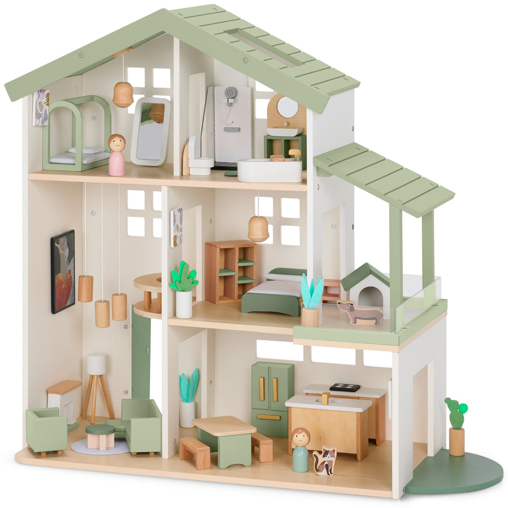 Pretend Play Wooden Doll House w/ 40 Accessories Modern Toy Playset