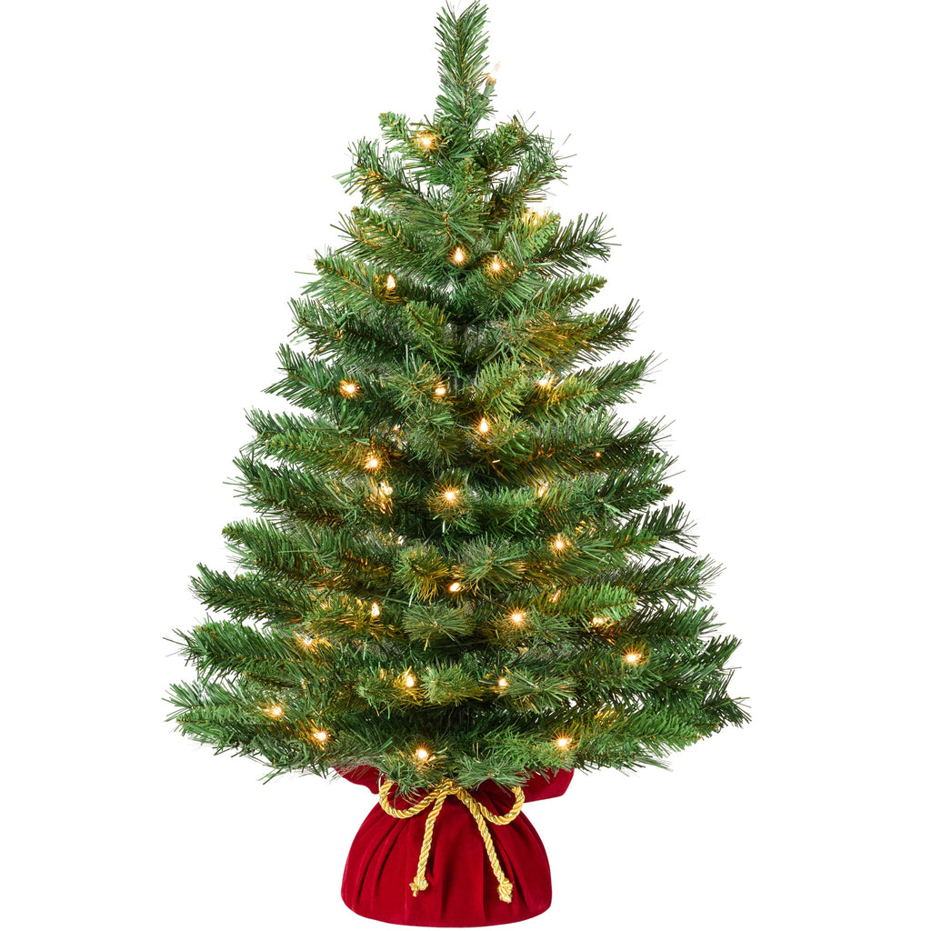 Pre-Lit Tabletop Christmas Tree w/ Red Velvet Cover & Gold Cord