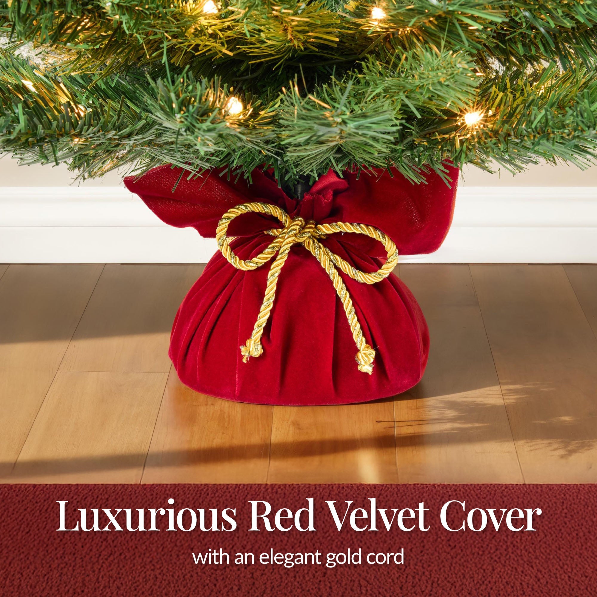 Pre-Lit Tabletop Christmas Tree w/ Red Velvet Cover & Gold Cord