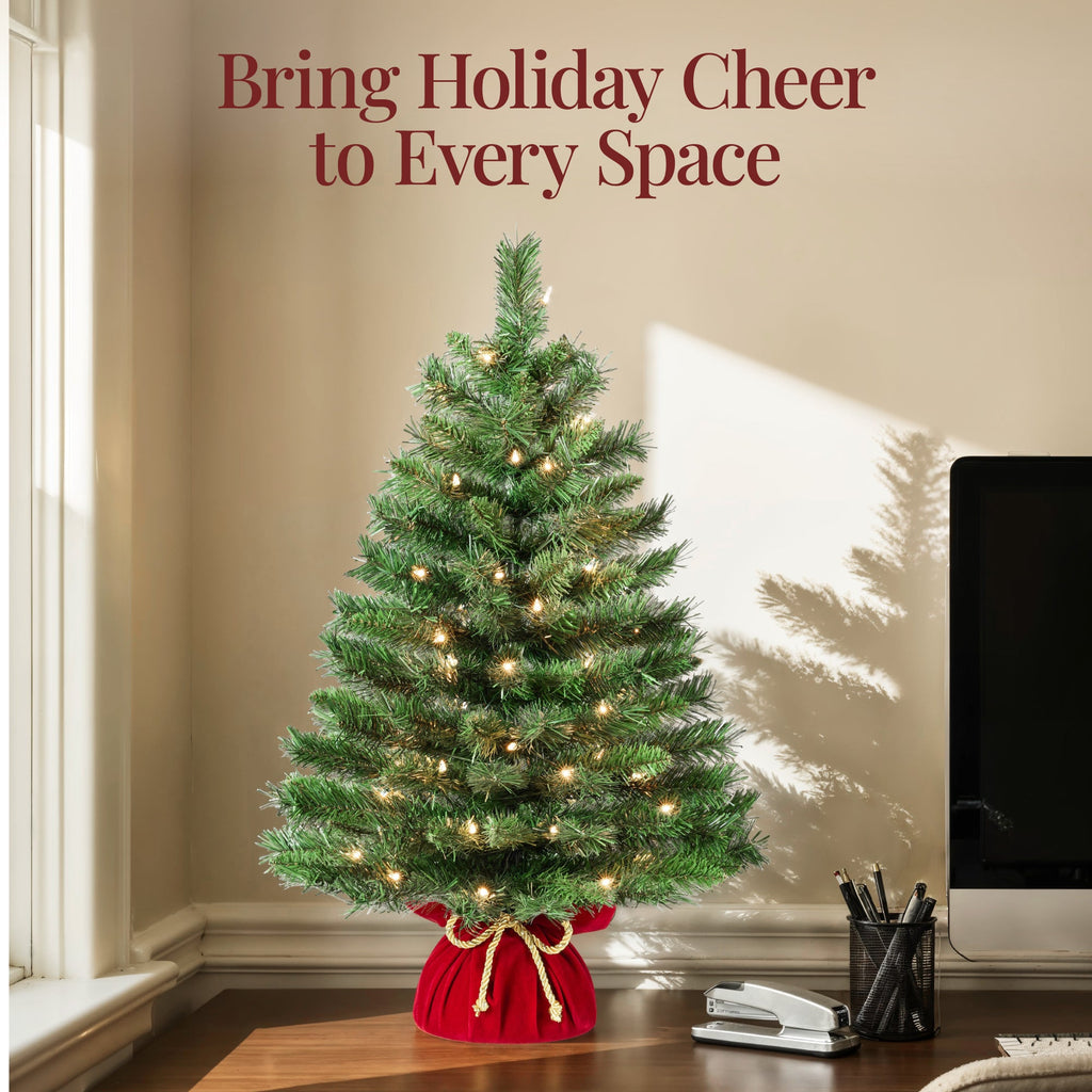 Pre-Lit Tabletop Christmas Tree w/ Red Velvet Cover & Gold Cord