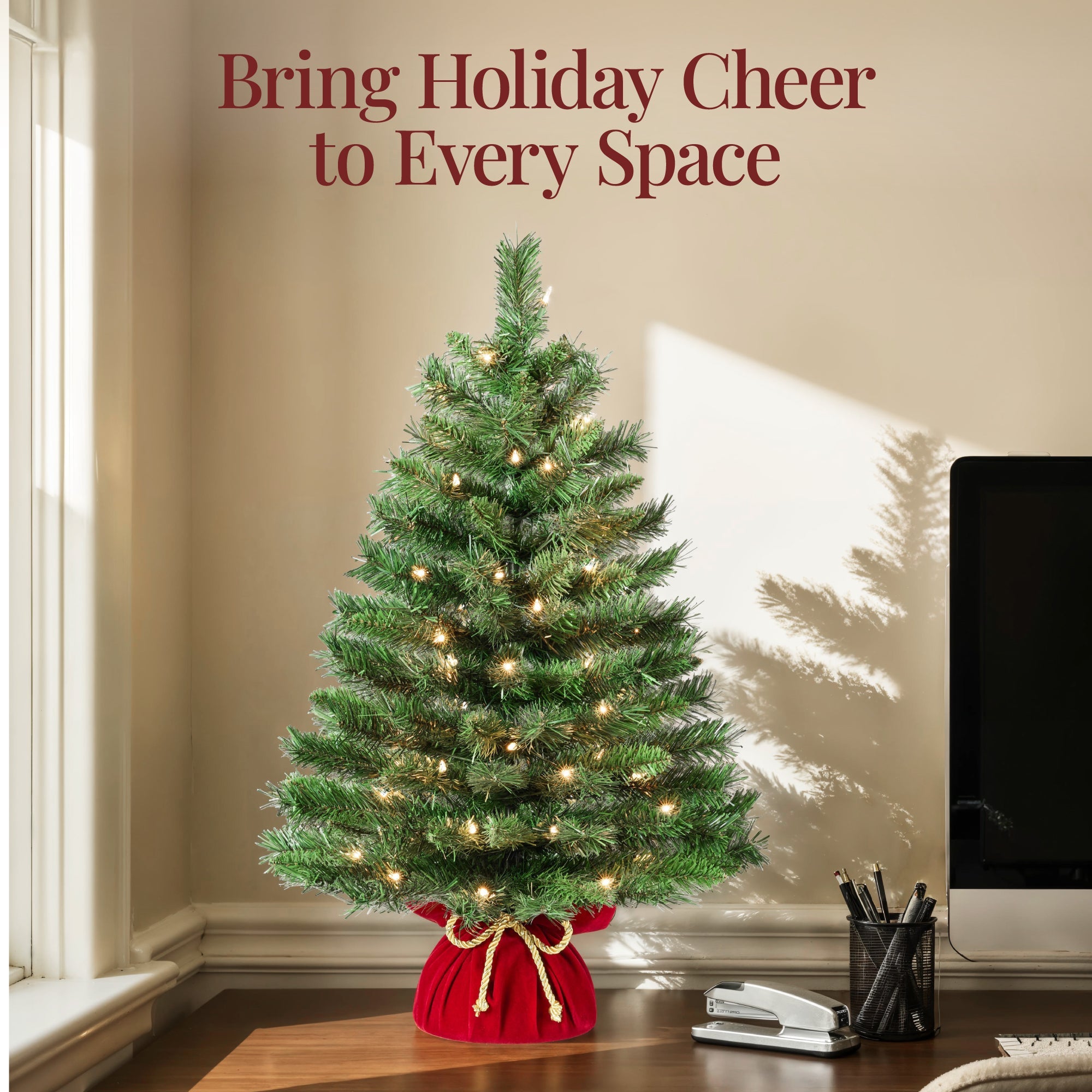 Pre-Lit Tabletop Christmas Tree w/ Red Velvet Cover & Gold Cord