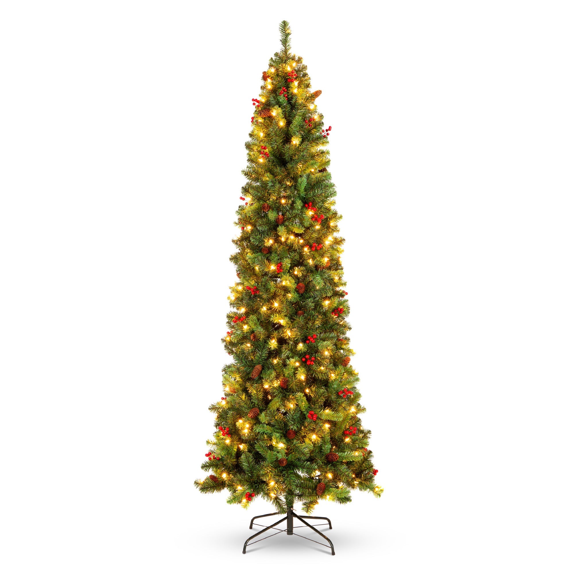 Pre-Lit Spruce Pencil Christmas Tree w/ Berries Pine Cones
