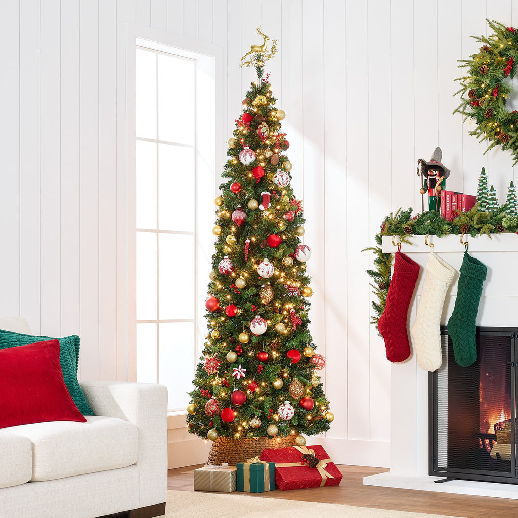 Pre-Lit Spruce Pencil Christmas Tree w/ Berries Pine Cones