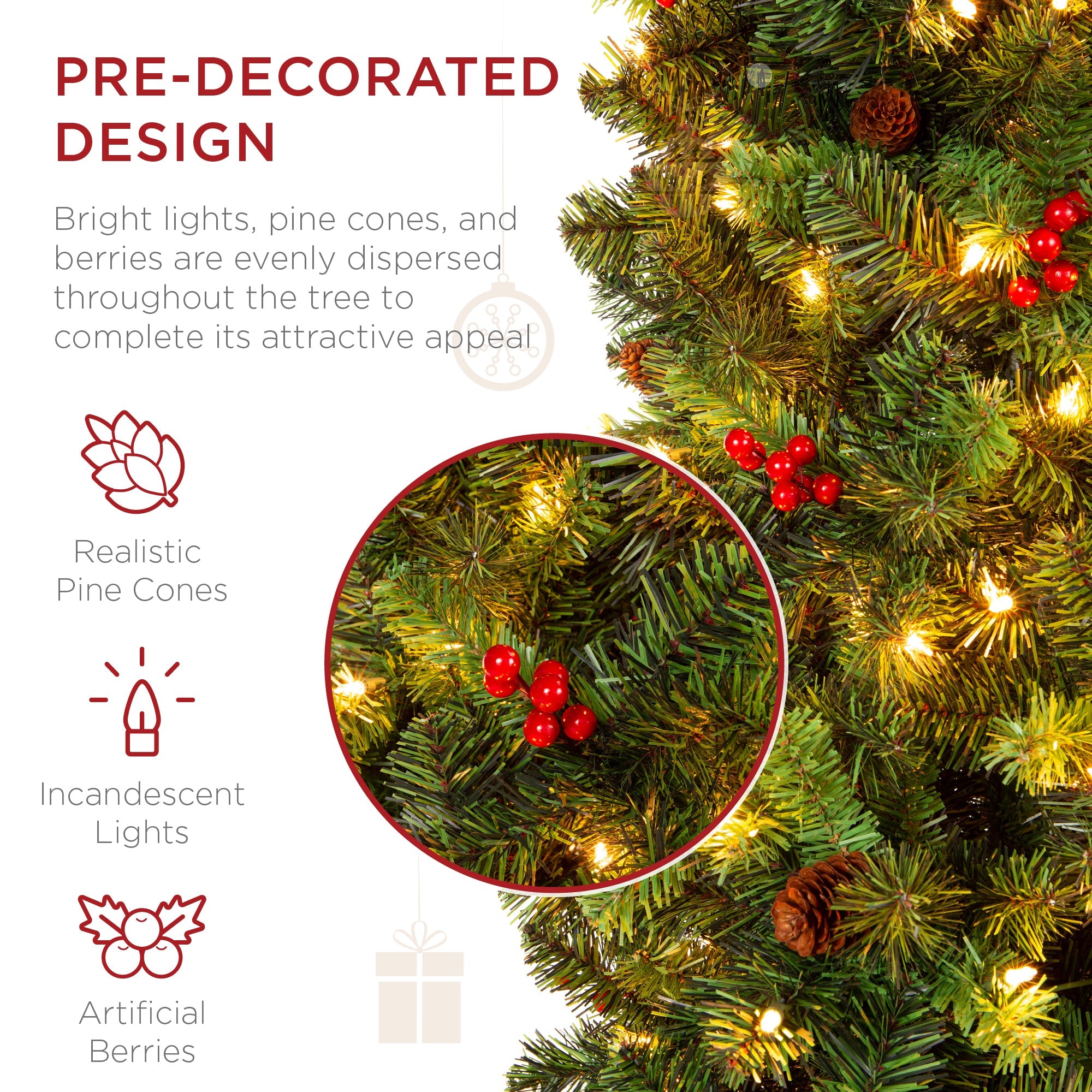 Pre-Lit Spruce Pencil Christmas Tree w/ Berries Pine Cones