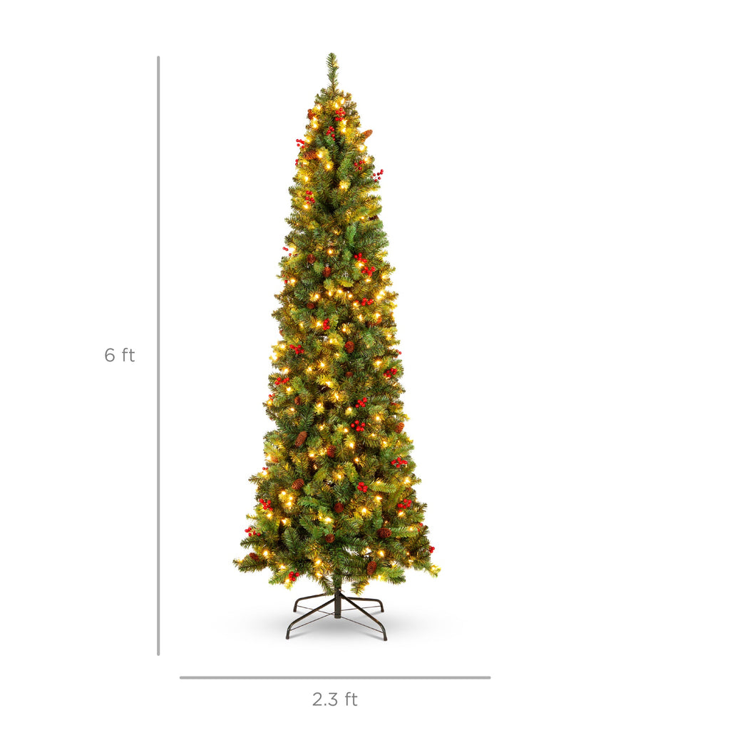 Pre-Lit Spruce Pencil Christmas Tree w/ Berries Pine Cones