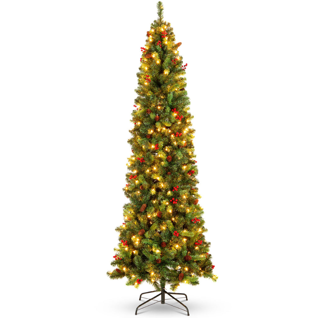 Pre-Lit Spruce Pencil Christmas Tree w/ Berries Pine Cones