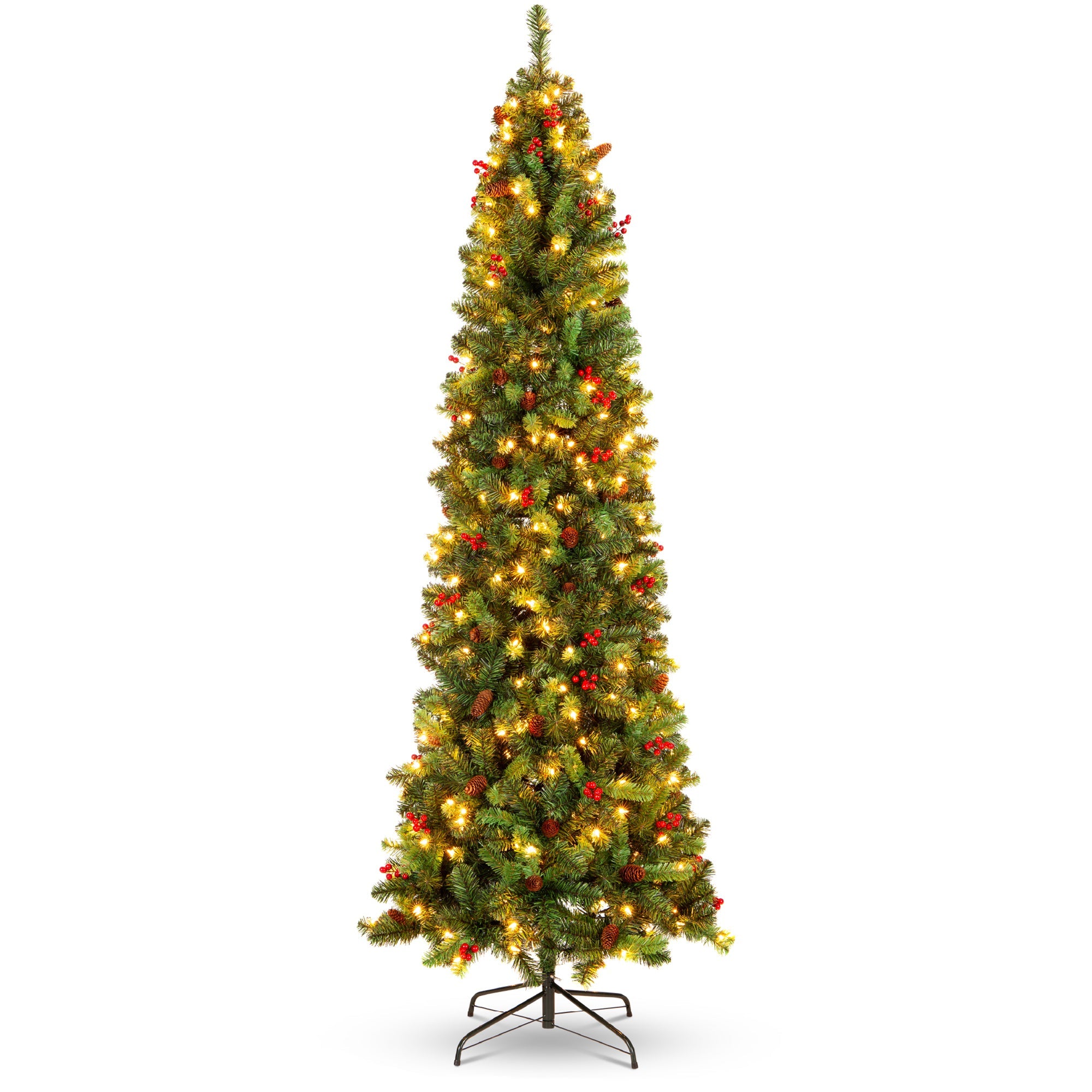 Pre-Lit Spruce Pencil Christmas Tree w/ Berries Pine Cones