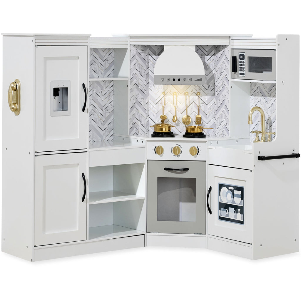 Pretend Play Corner Kitchen Wooden Toy Set for Kids w/ Lights Sounds