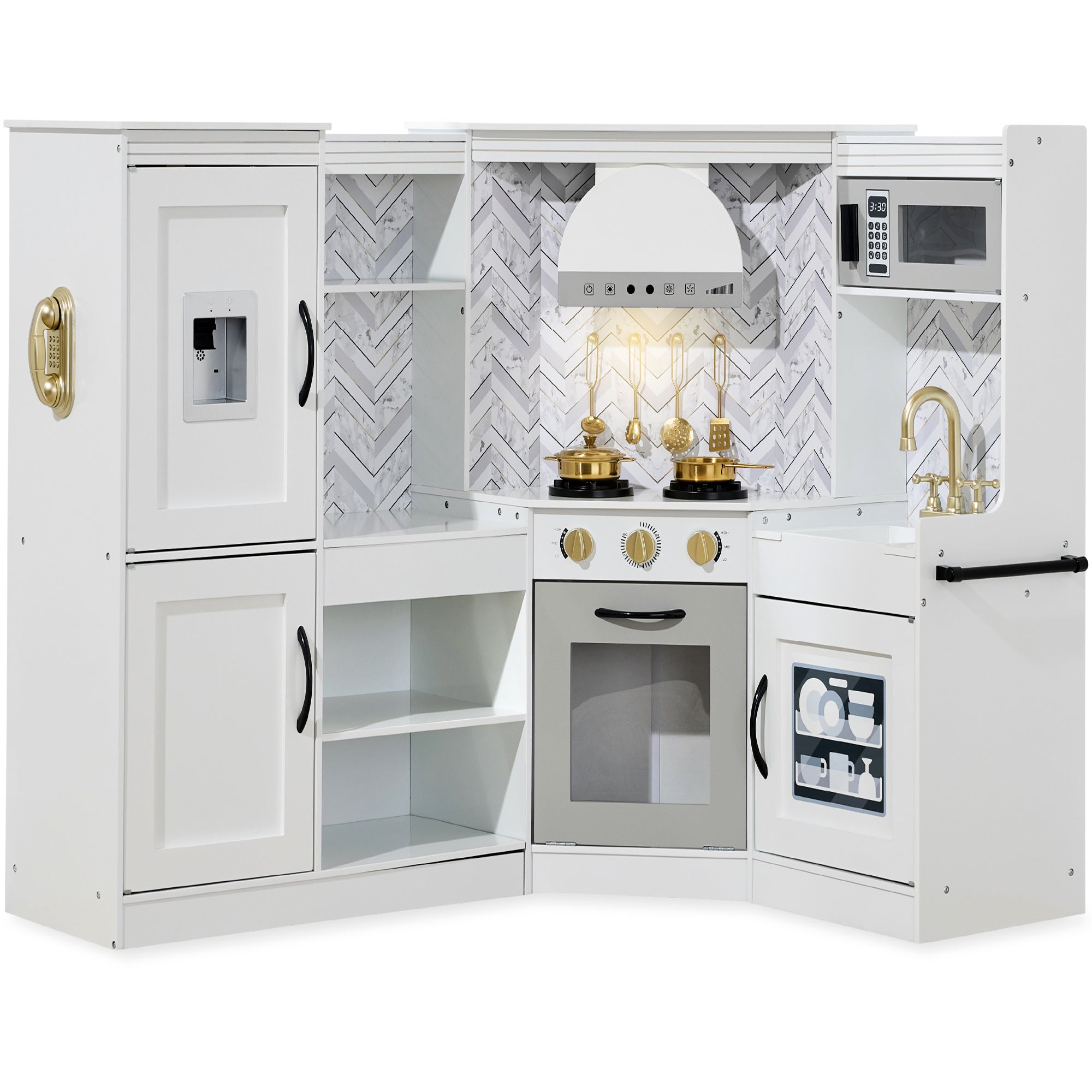 Pretend Play Corner Kitchen Wooden Toy Set for Kids w/ Lights Sounds