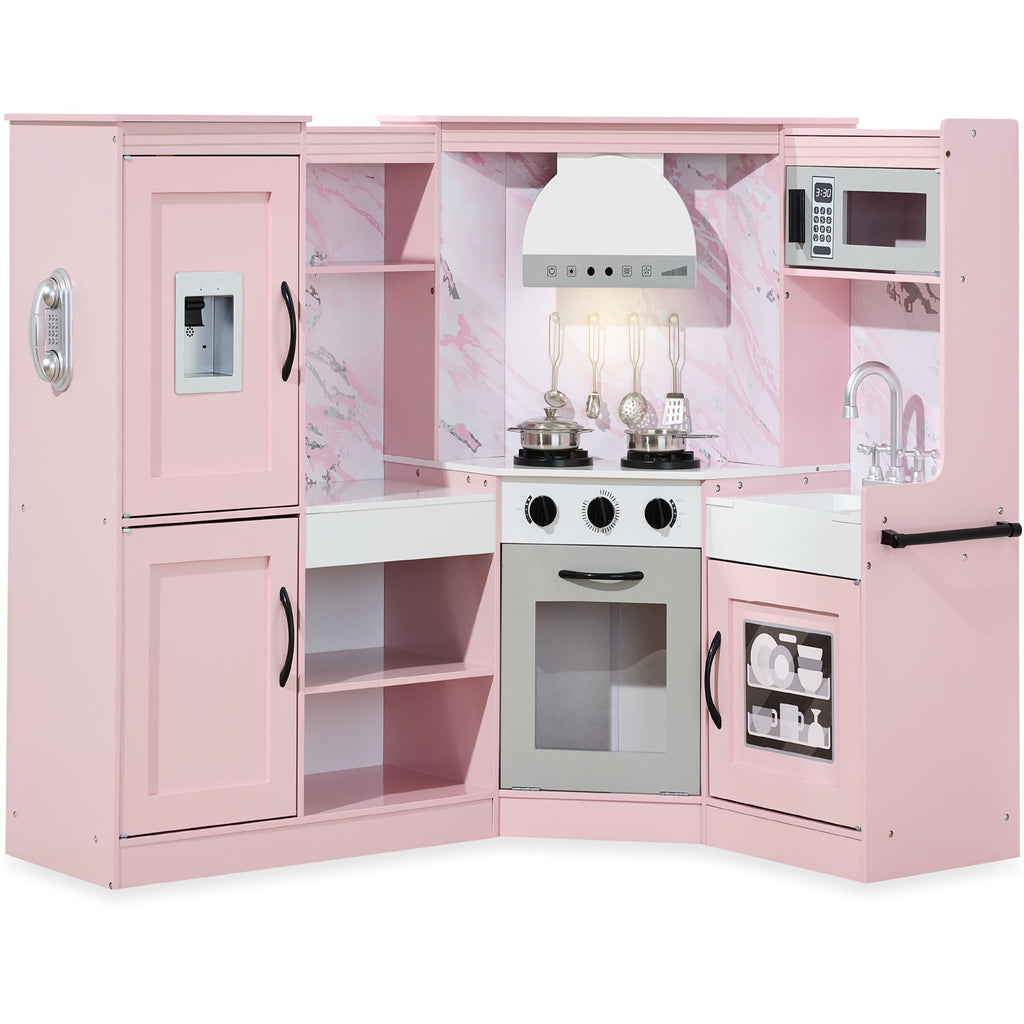 Pretend Play Corner Kitchen Wooden Toy Set for Kids w/ Lights Sounds
