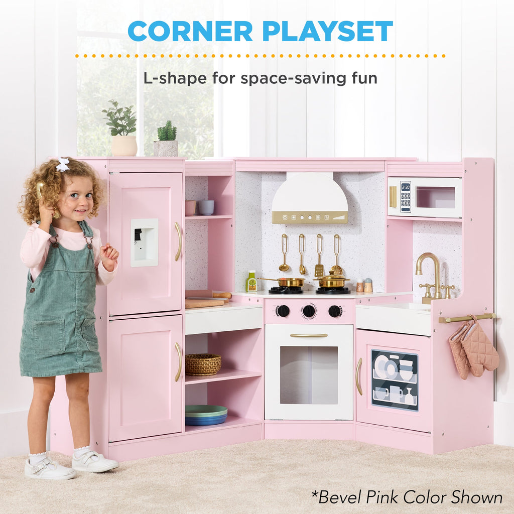 Pretend Play Corner Kitchen Wooden Toy Set for Kids w/ Lights Sounds