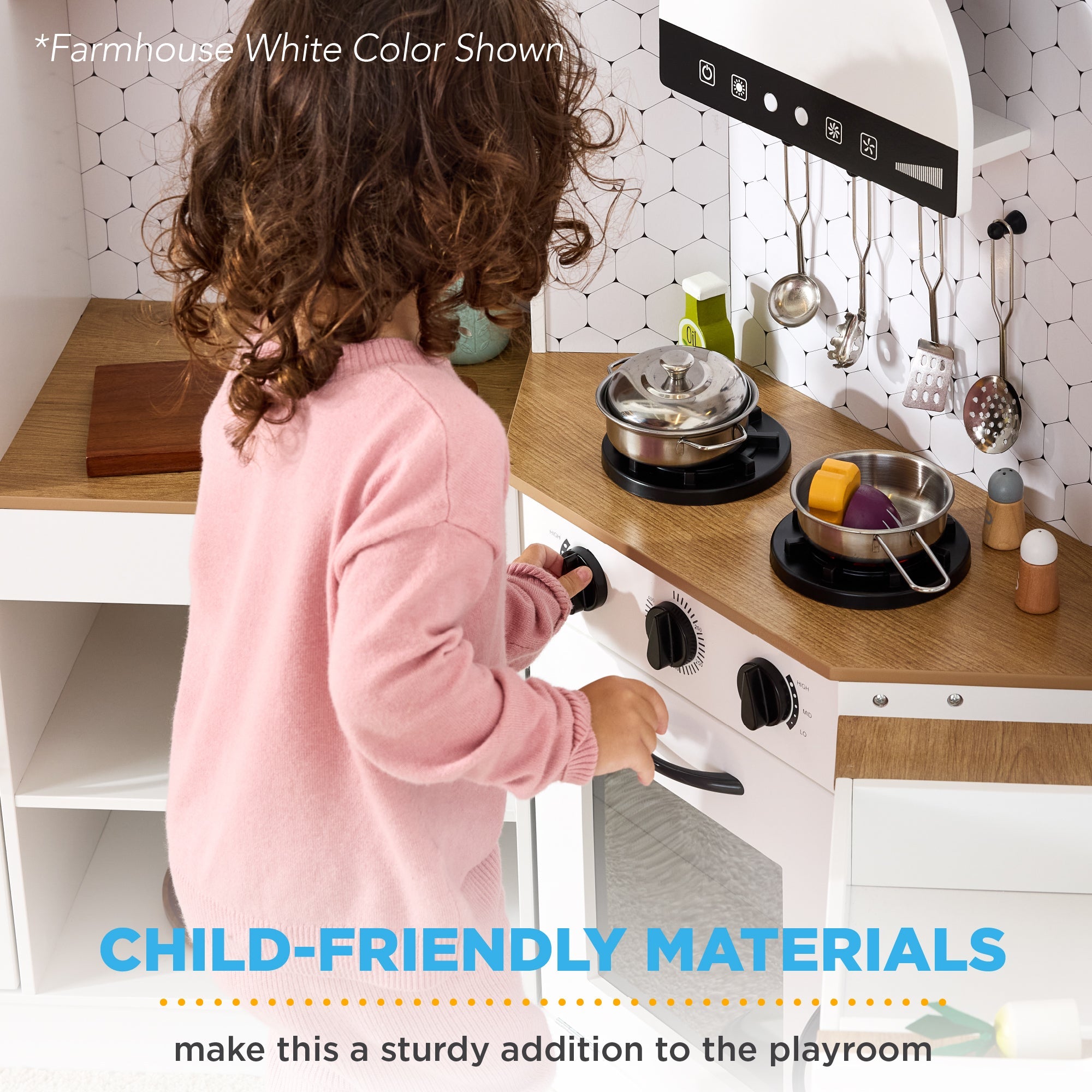 Pretend Play Corner Kitchen Wooden Toy Set for Kids w/ Lights Sounds