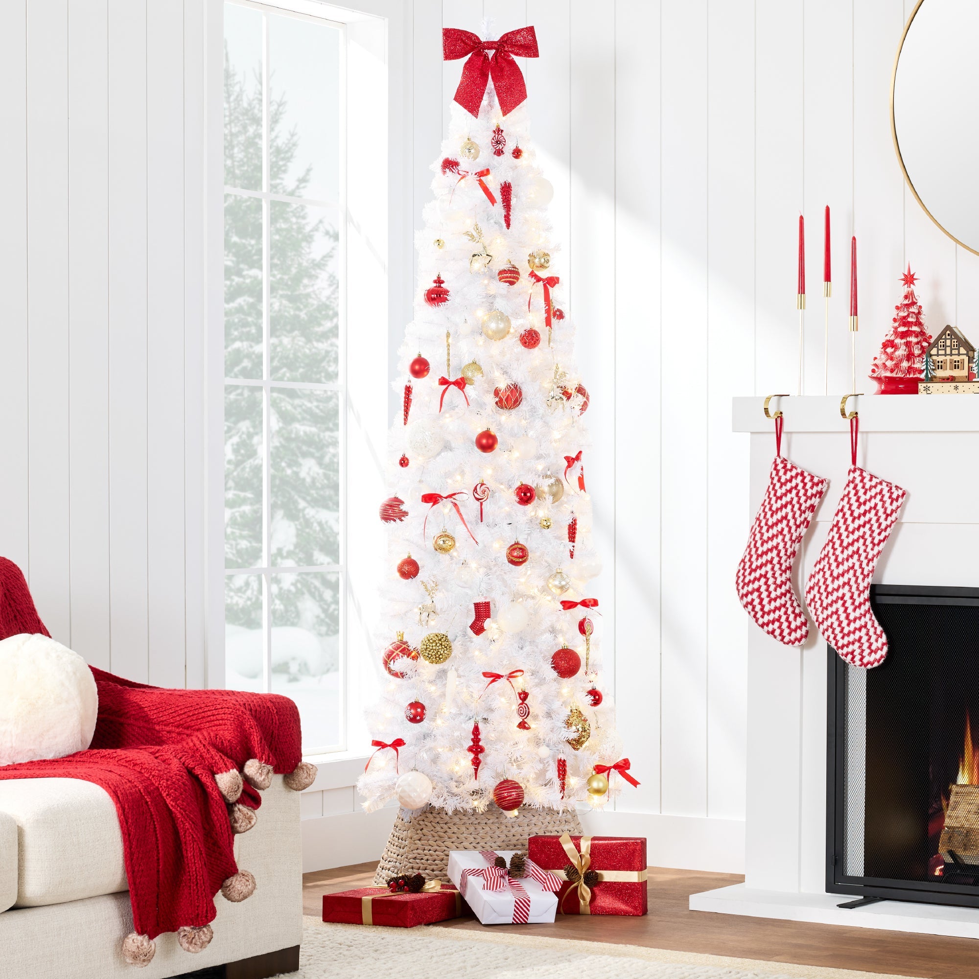 Pre-Lit White Pencil Christmas Tree w/ Metal Base Incandescent Lights