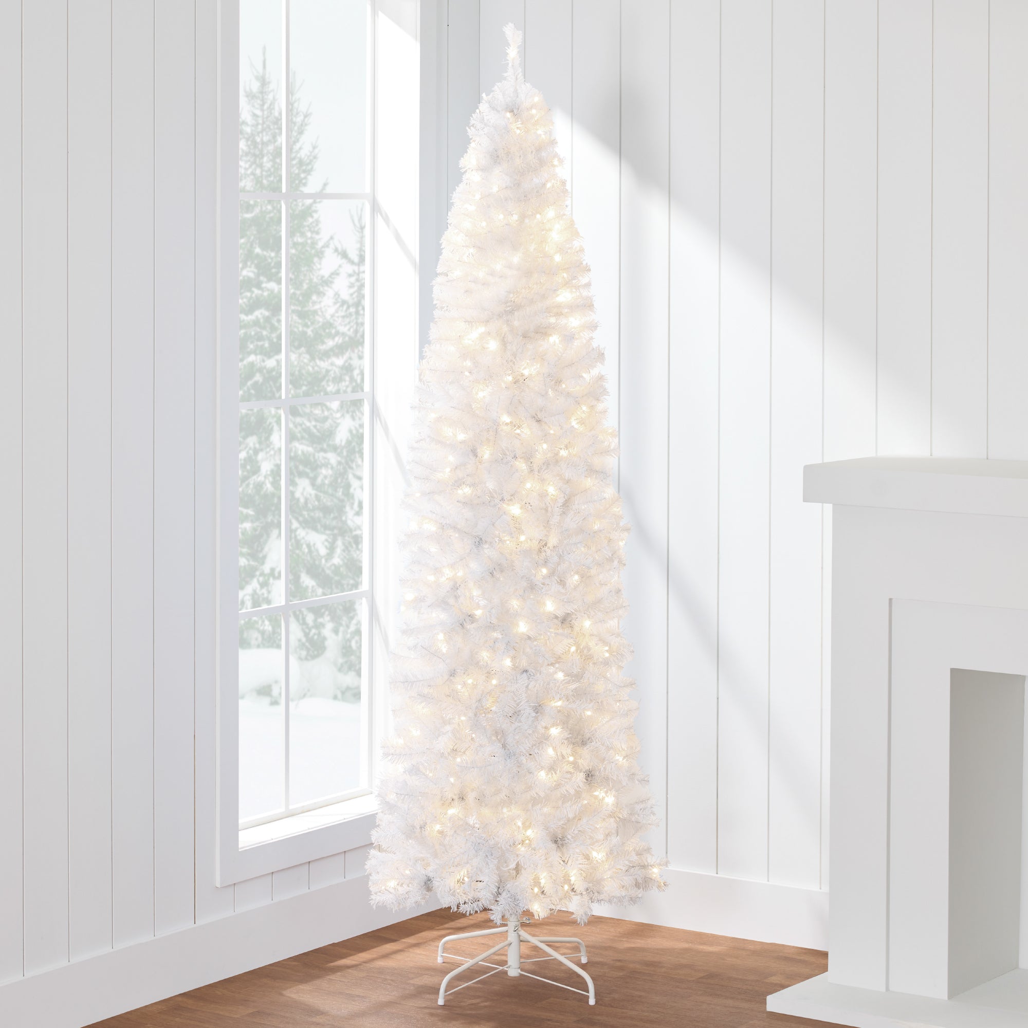 Pre-Lit White Pencil Christmas Tree w/ Metal Base Incandescent Lights