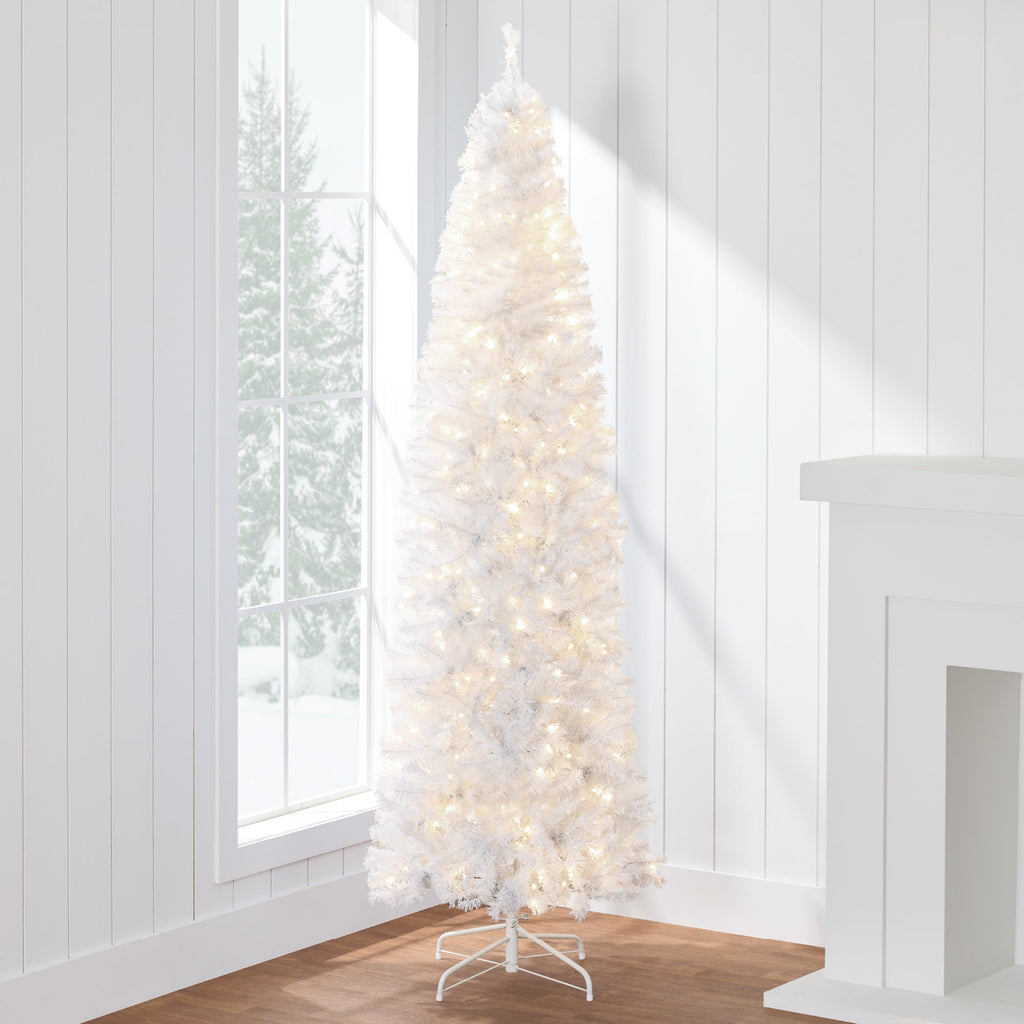 Pre-Lit White Pencil Christmas Tree w/ Metal Base Incandescent Lights