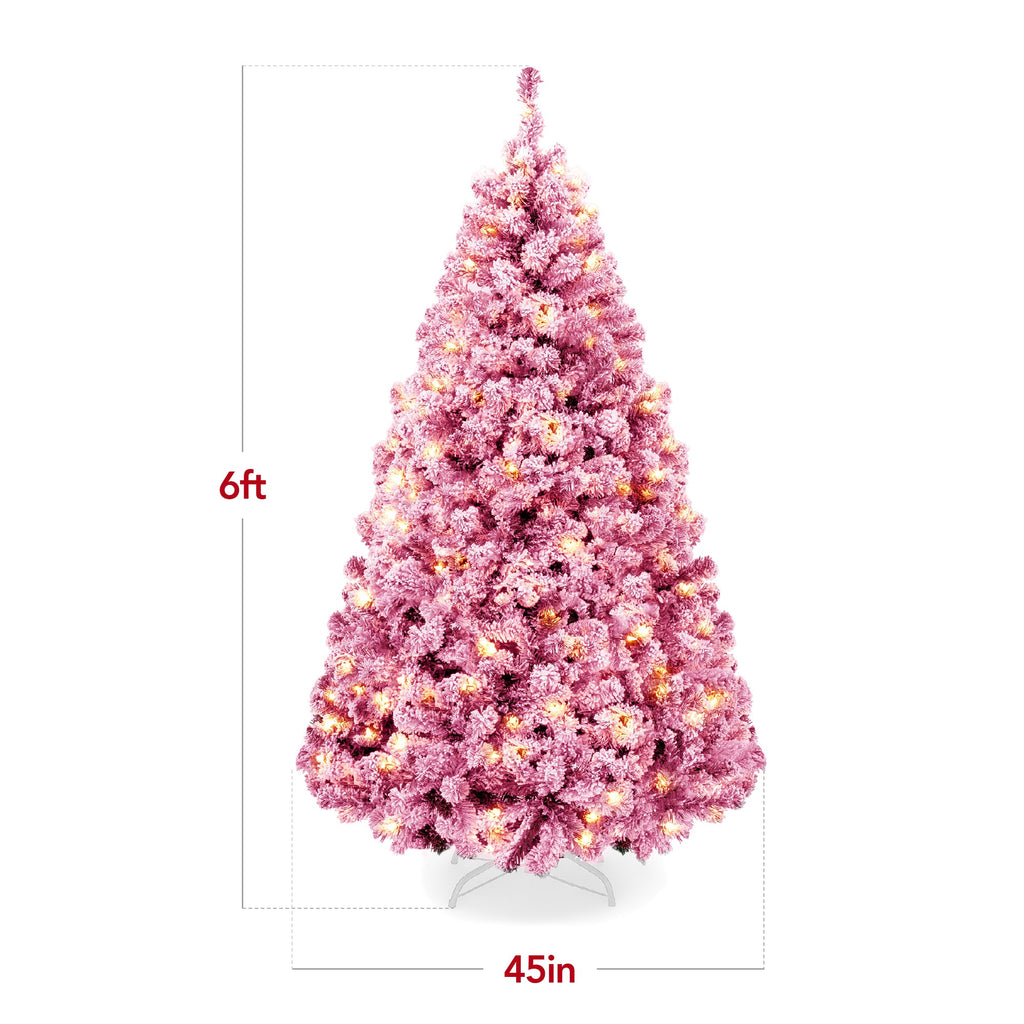 Prelit Pink Christmas Tree Snow Flocked Full Holiday Decor w/ Metal Base