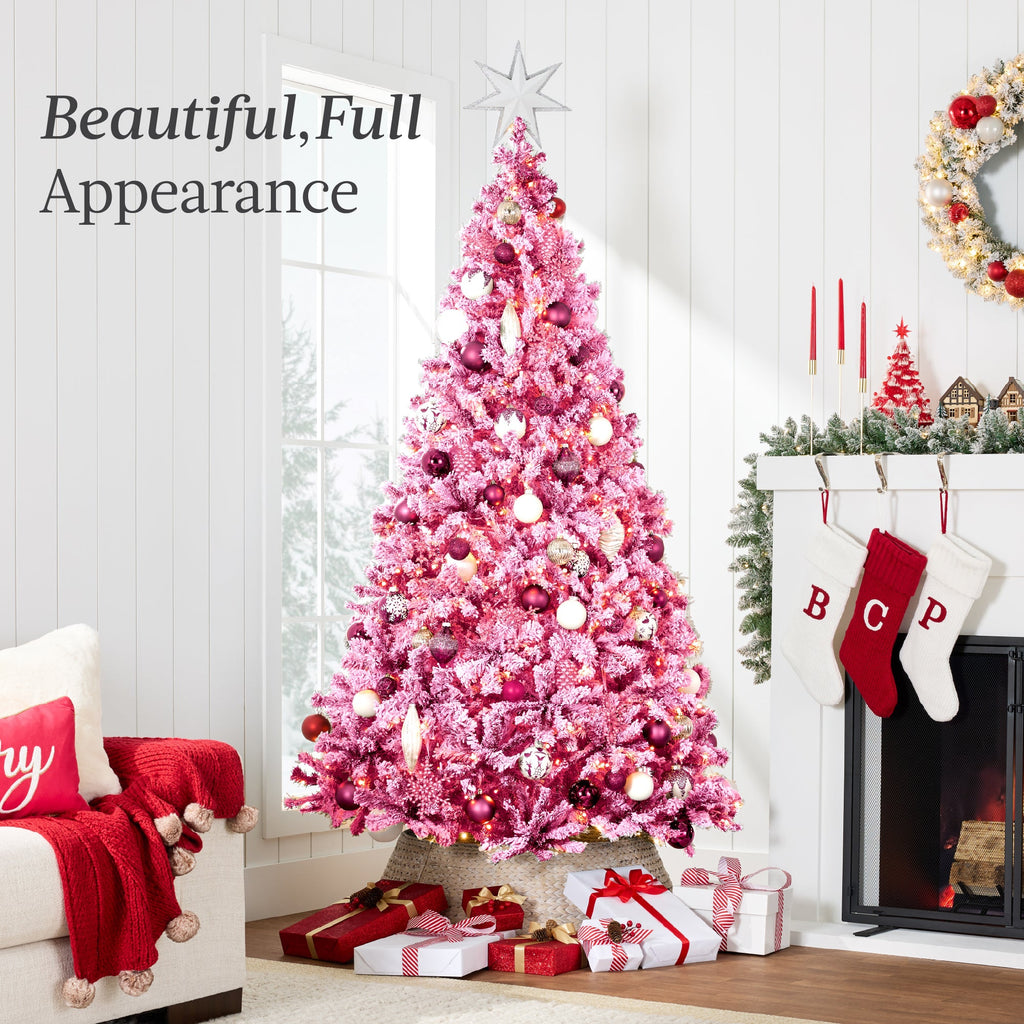 Prelit Pink Christmas Tree Snow Flocked Full Holiday Decor w/ Metal Base
