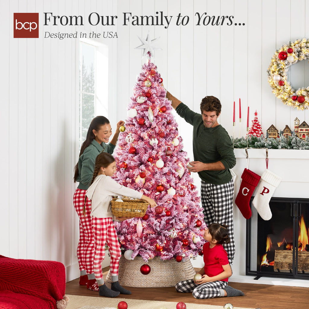 Prelit Pink Christmas Tree Snow Flocked Full Holiday Decor w/ Metal Base