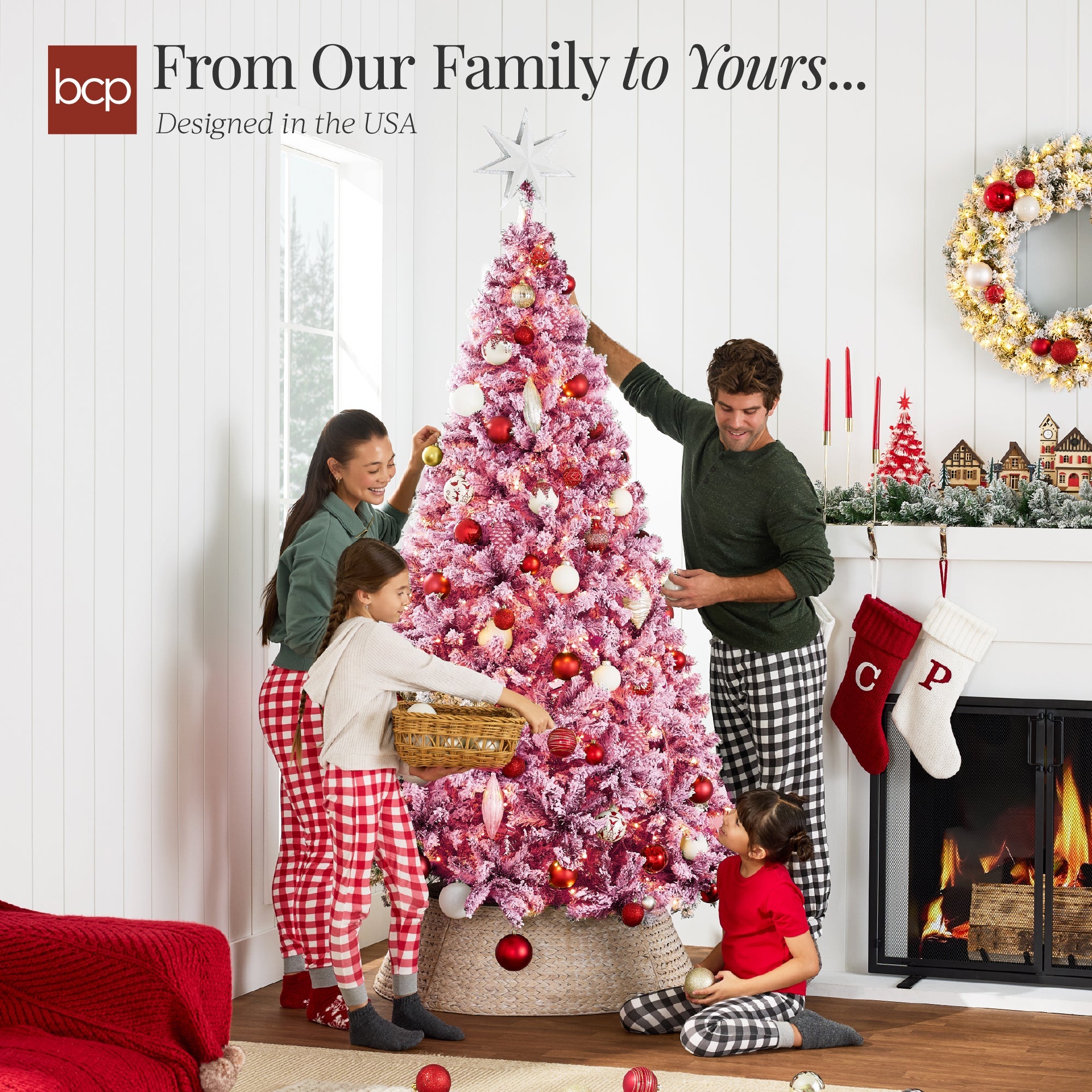 Prelit Pink Christmas Tree Snow Flocked Full Holiday Decor w/ Metal Base