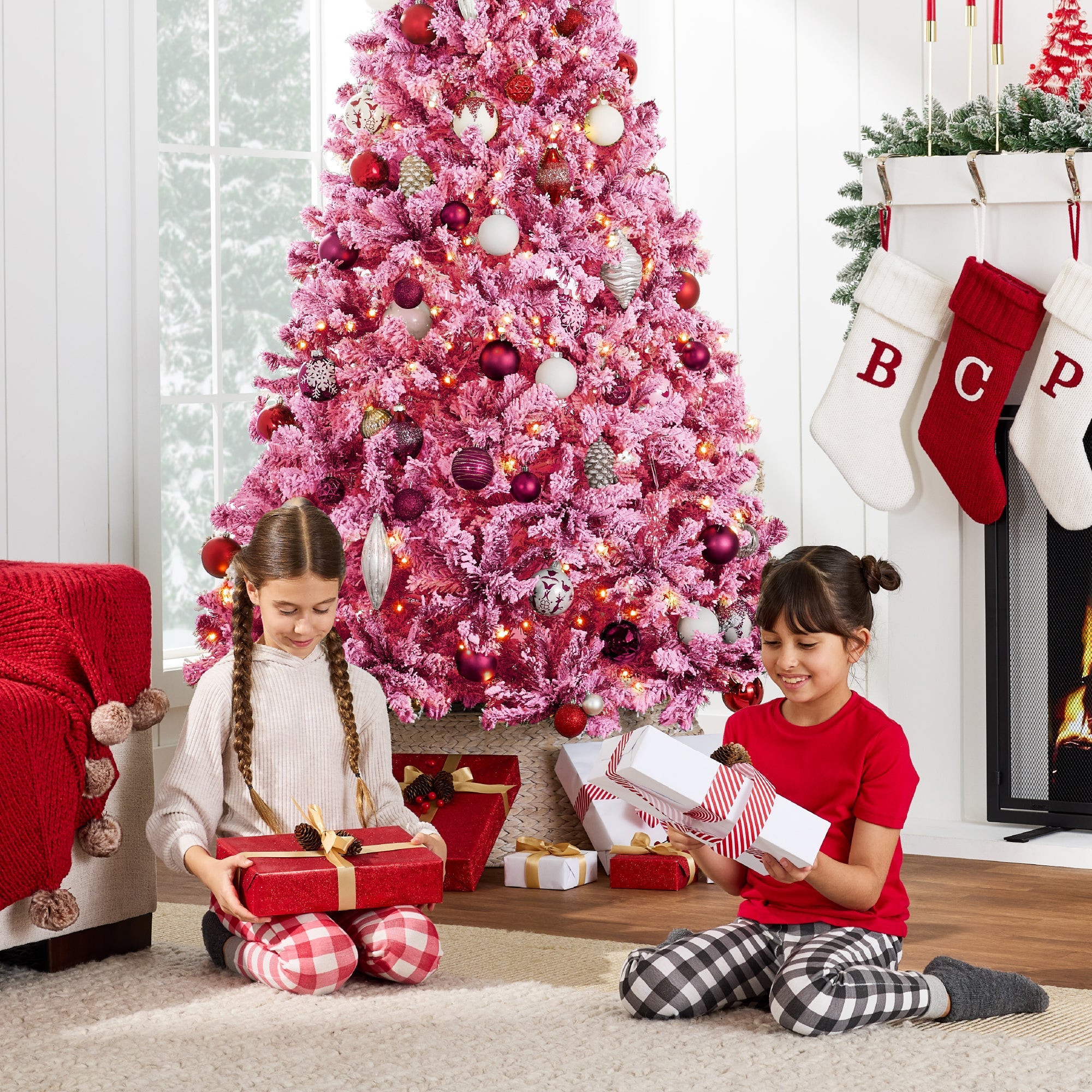 Prelit Pink Christmas Tree Snow Flocked Full Holiday Decor w/ Metal Base