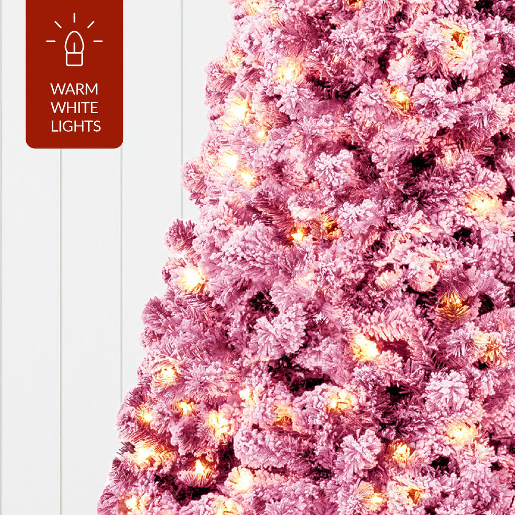 Prelit Pink Christmas Tree Snow Flocked Full Holiday Decor w/ Metal Base