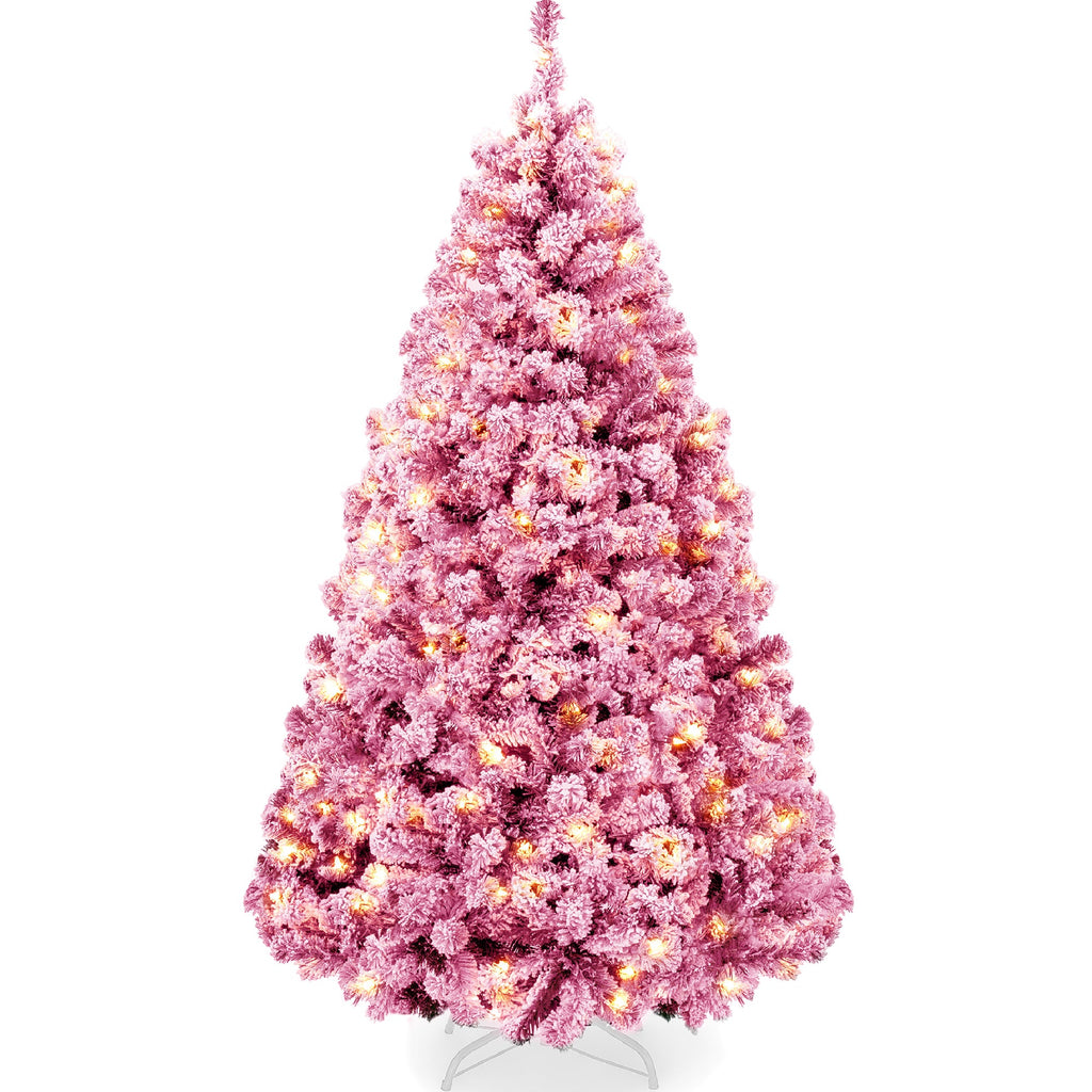 Prelit Pink Christmas Tree Snow Flocked Full Holiday Decor w/ Metal Base