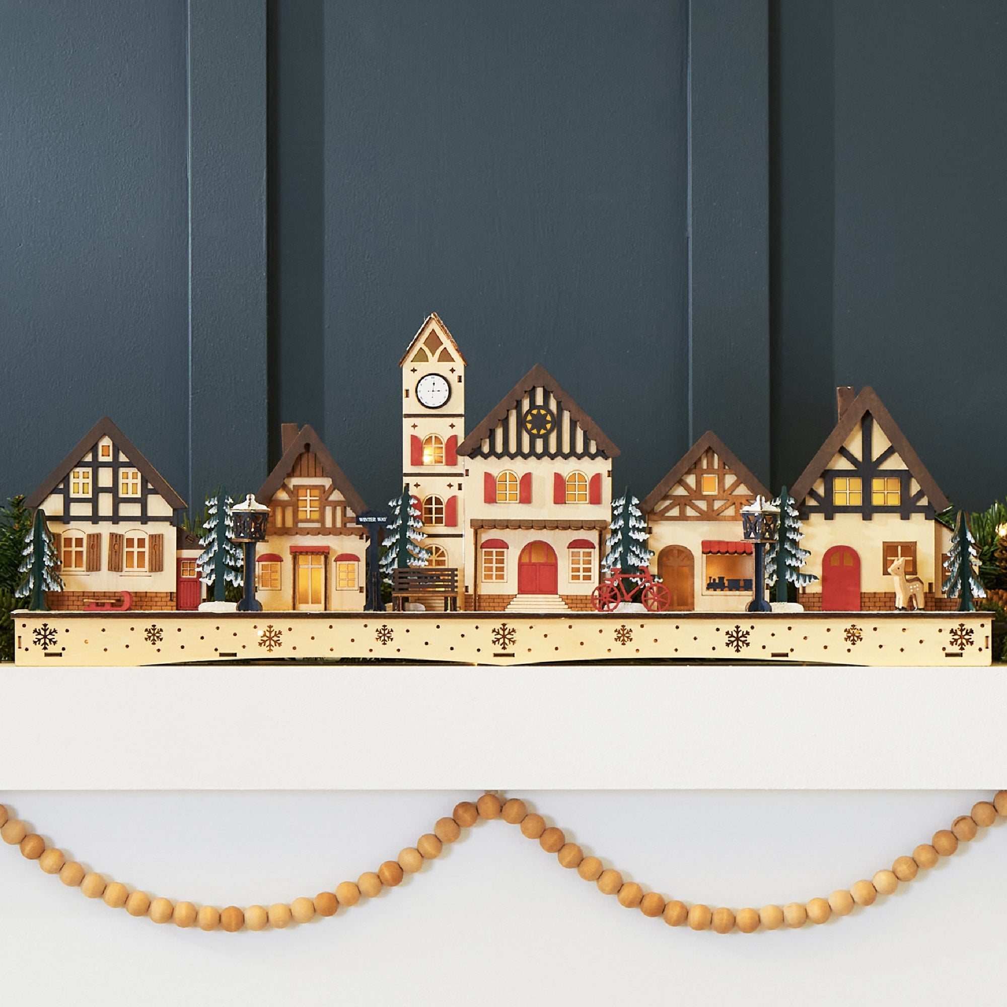 Pre-Lit Wooden Christmas Village Winter Mantel Decor w/ 20 LED Lights