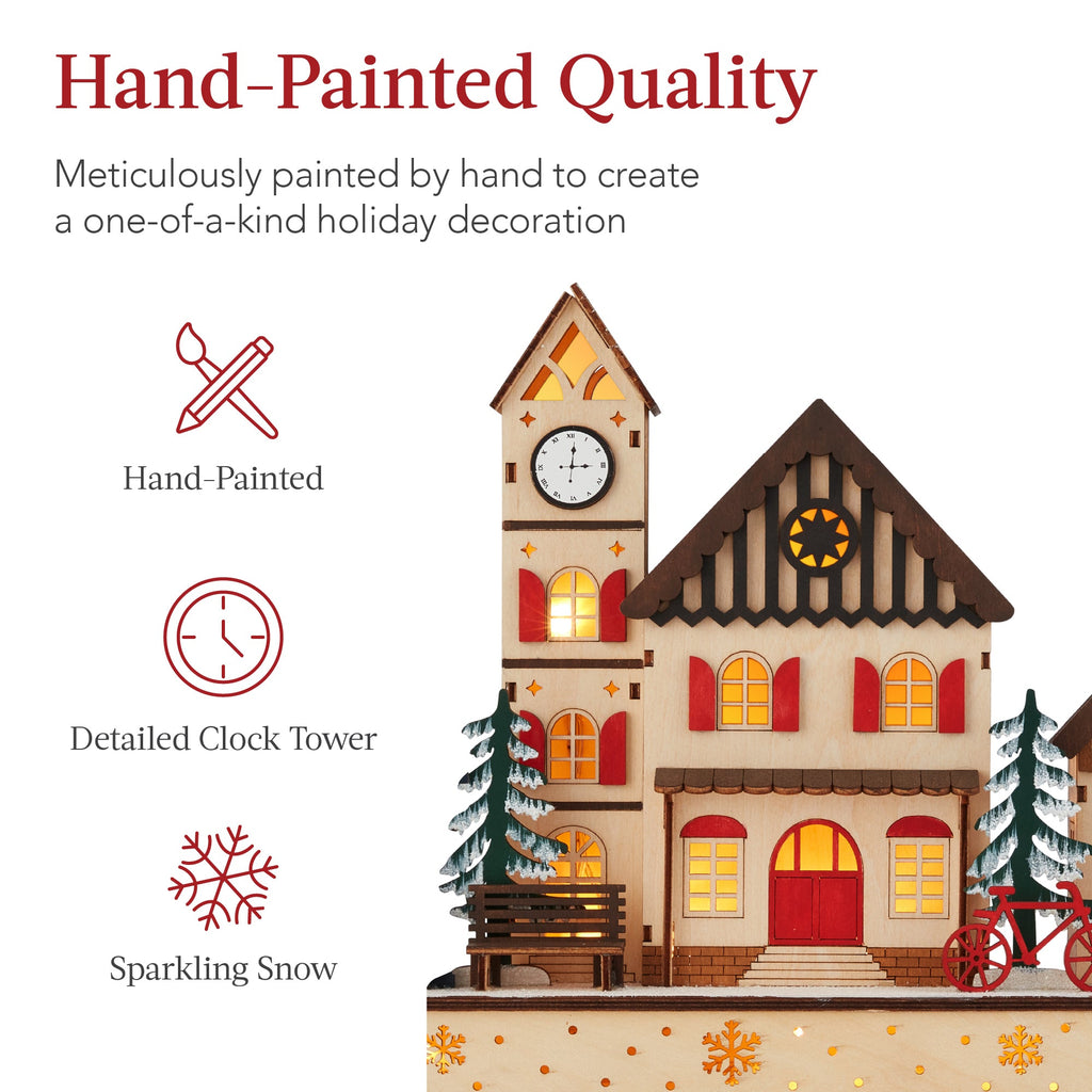 Pre-Lit Wooden Christmas Village Winter Mantel Decor w/ 20 LED Lights