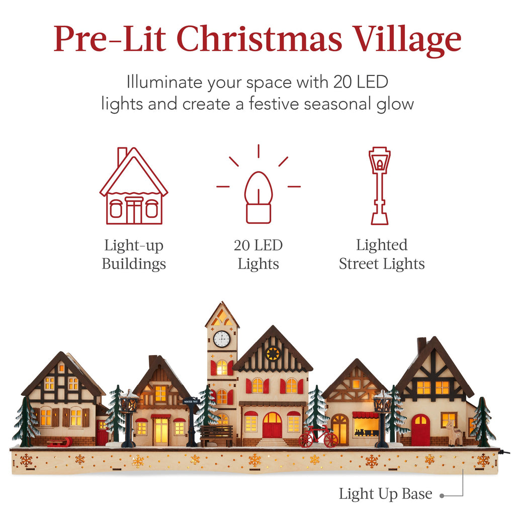 Pre-Lit Wooden Christmas Village Winter Mantel Decor w/ 20 LED Lights