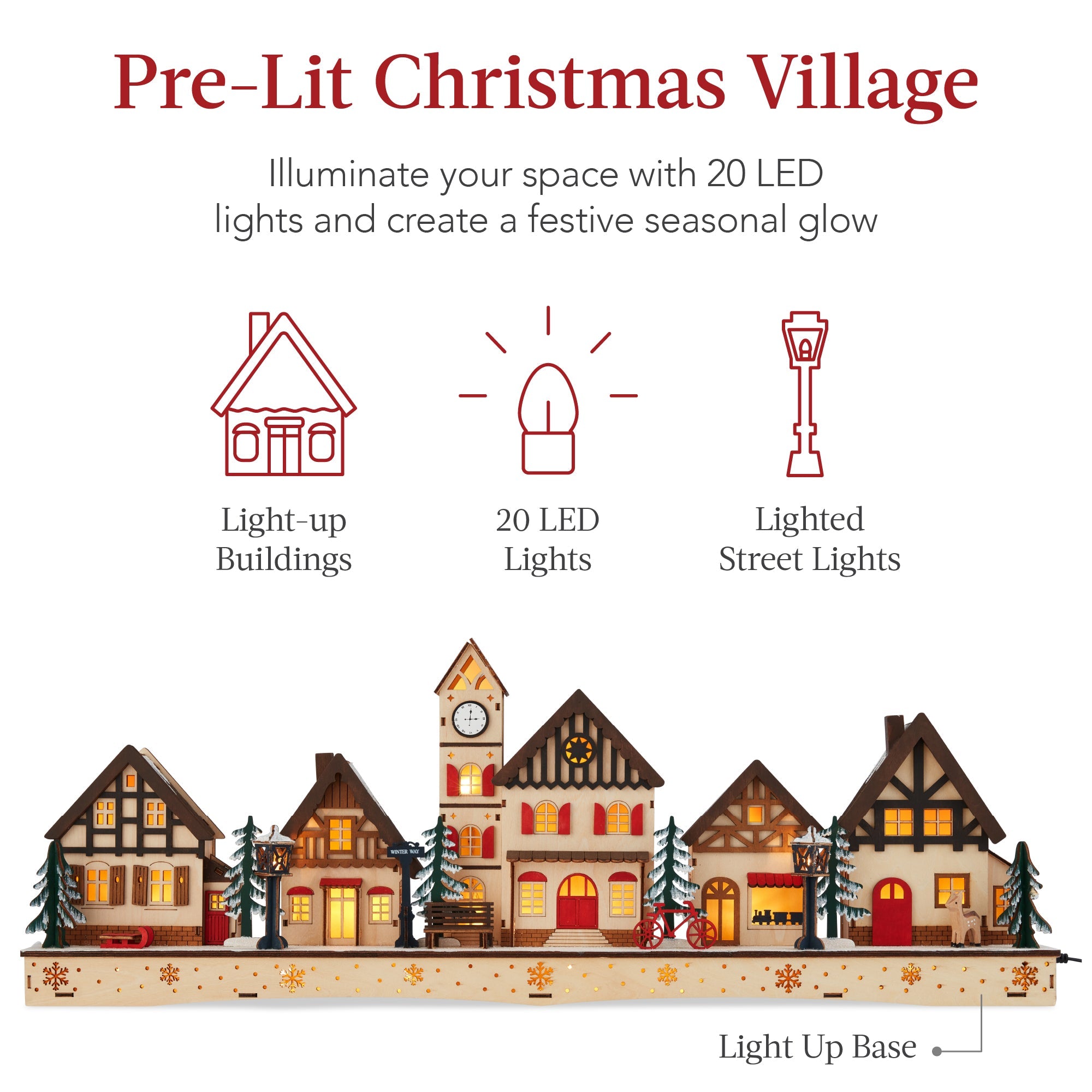 Pre-Lit Wooden Christmas Village Winter Mantel Decor w/ 20 LED Lights