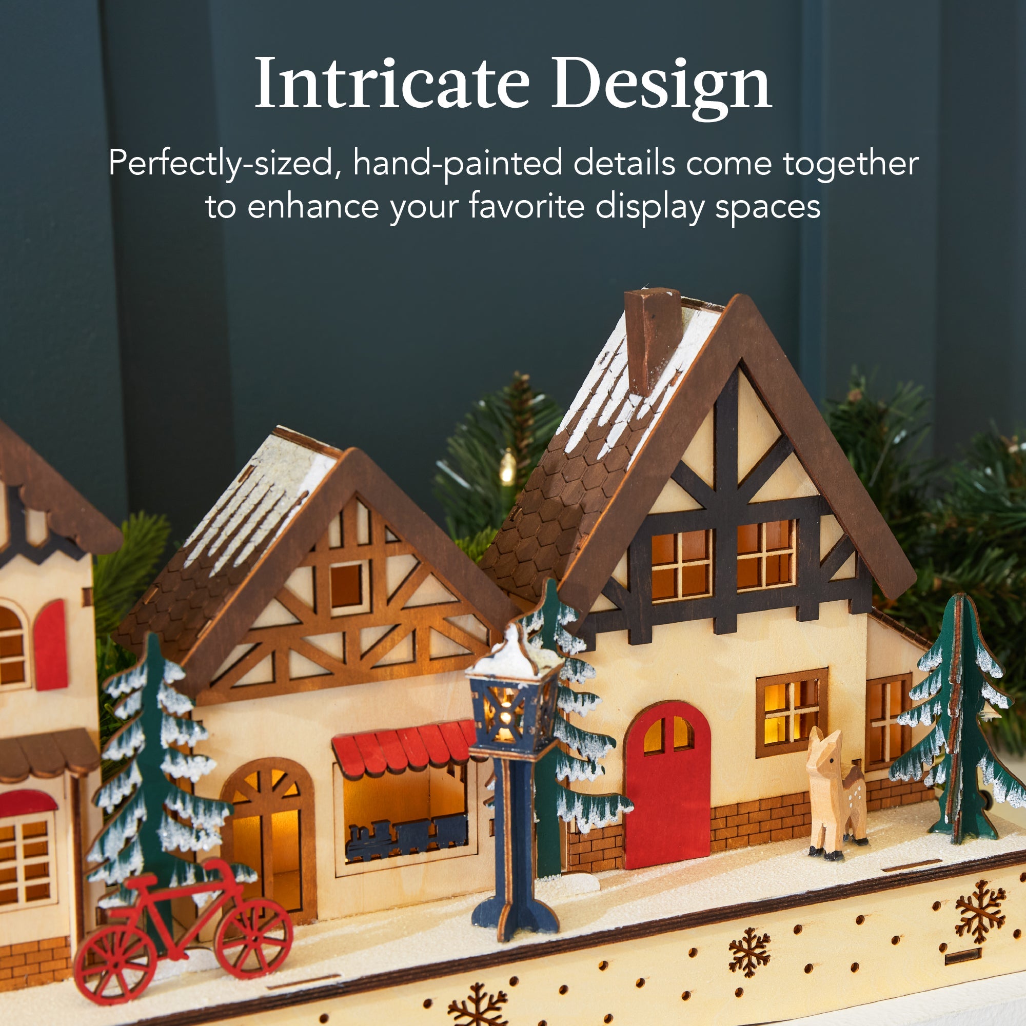 Pre-Lit Wooden Christmas Village Winter Mantel Decor w/ 20 LED Lights