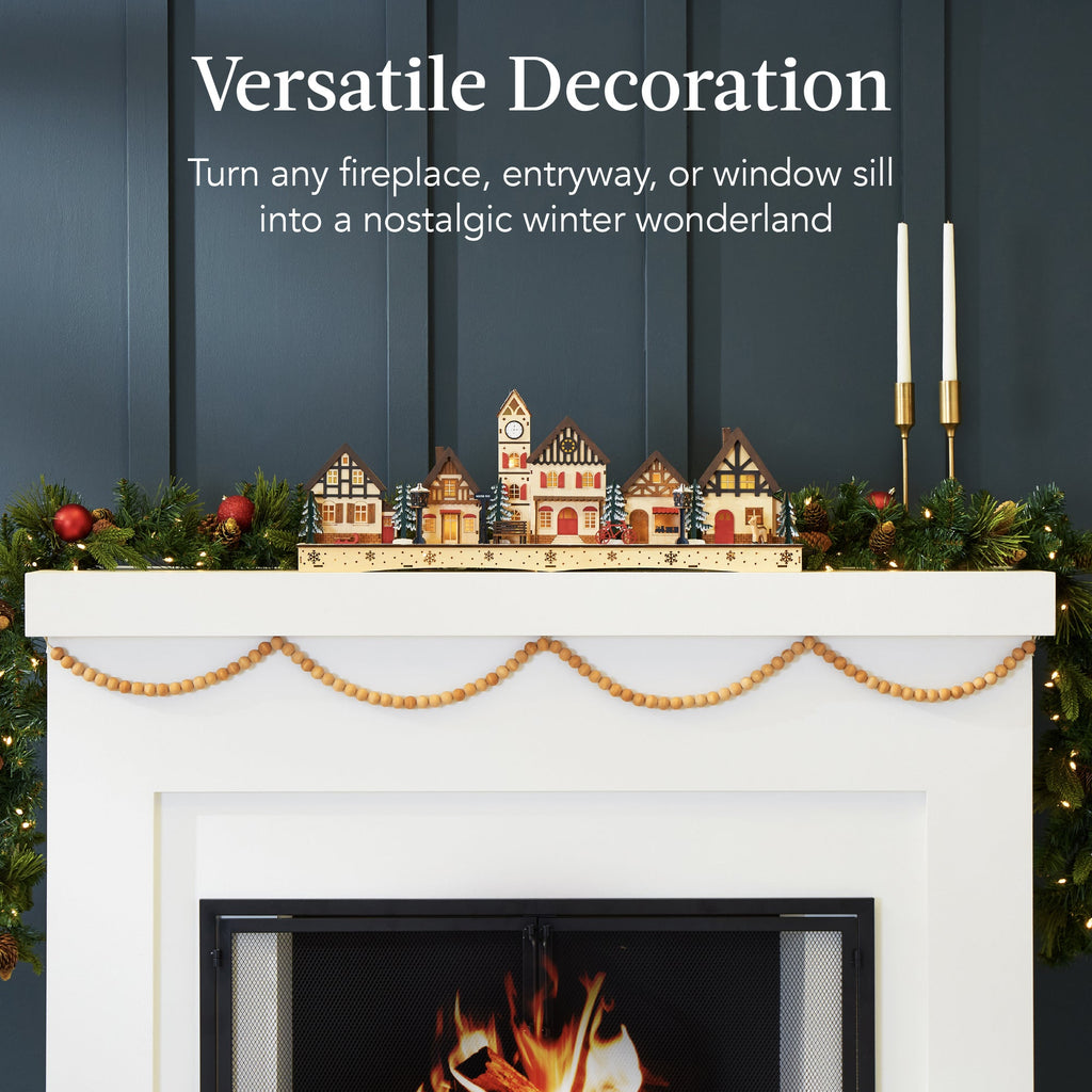 Pre-Lit Wooden Christmas Village Winter Mantel Decor w/ 20 LED Lights