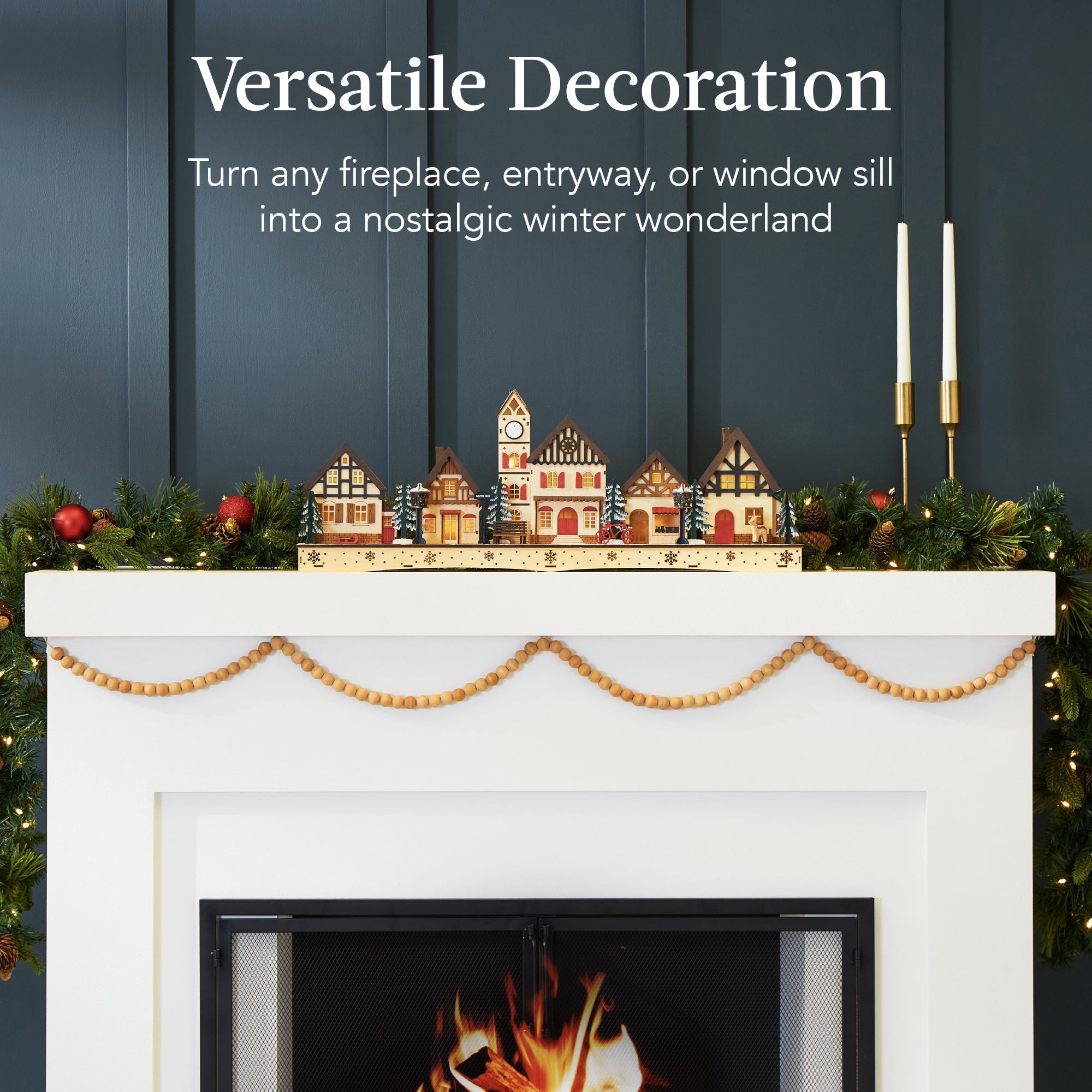 Pre-Lit Wooden Christmas Village Winter Mantel Decor w/ 20 LED Lights