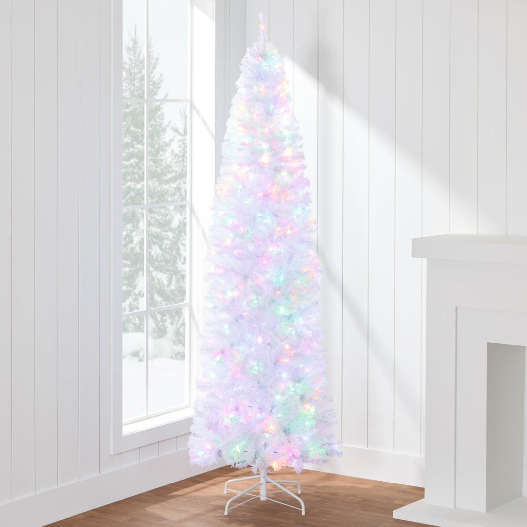 Pre-Lit White Pencil Christmas Tree w/ Metal Base 2-in-1 Multicolor Lights