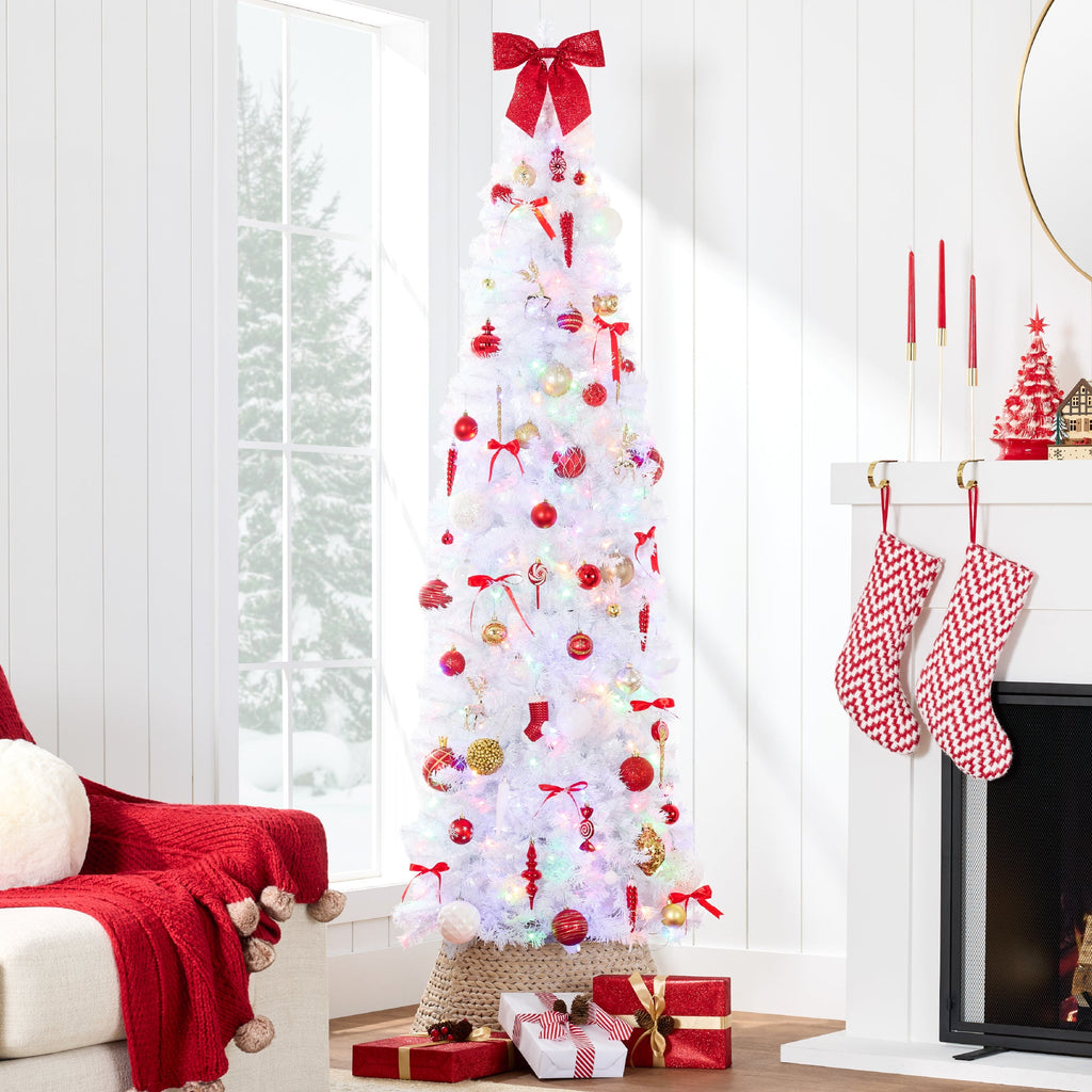 Pre-Lit White Pencil Christmas Tree w/ Metal Base 2-in-1 Multicolor Lights