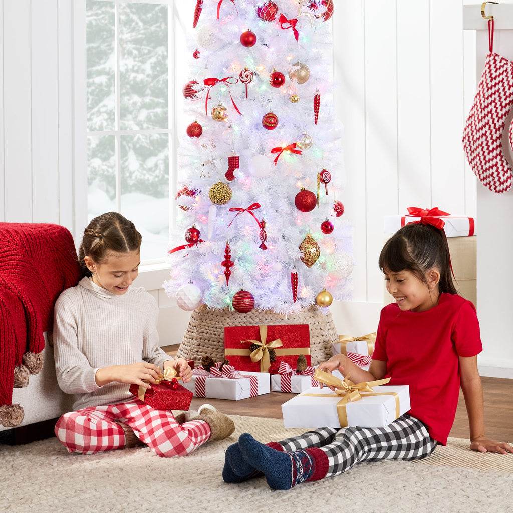 Pre-Lit White Pencil Christmas Tree w/ Metal Base 2-in-1 Multicolor Lights
