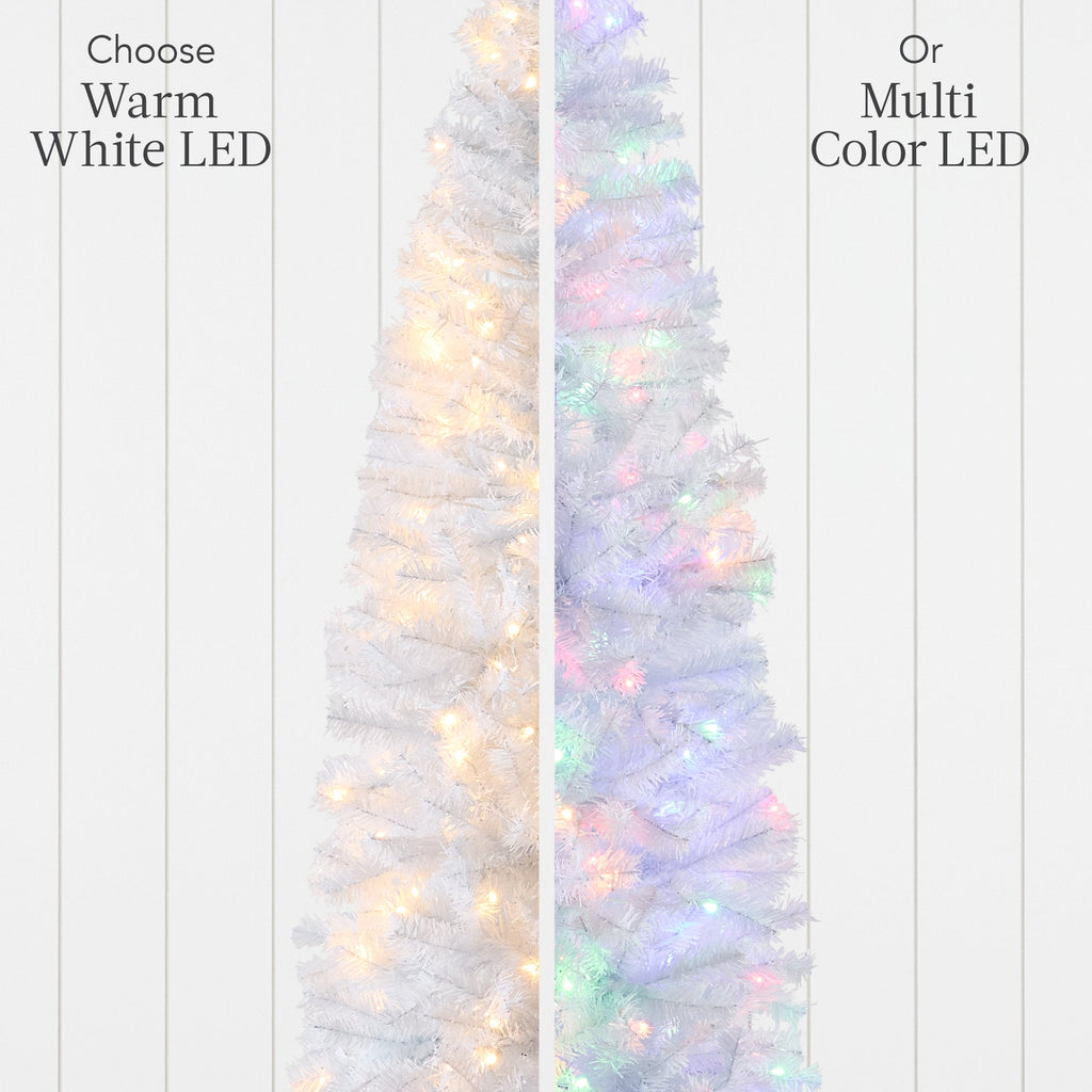 Pre-Lit White Pencil Christmas Tree w/ Metal Base 2-in-1 Multicolor Lights