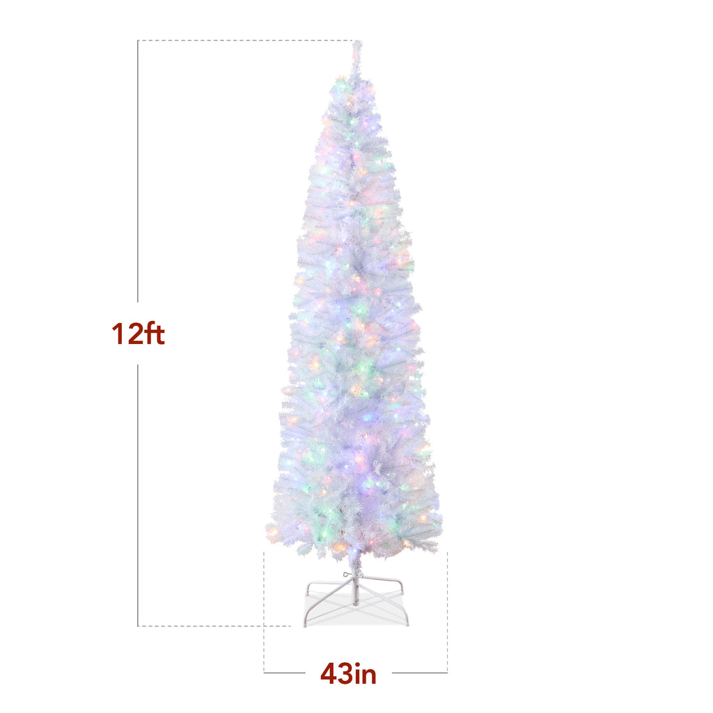 Pre-Lit White Pencil Christmas Tree w/ Metal Base 2-in-1 Multicolor Lights